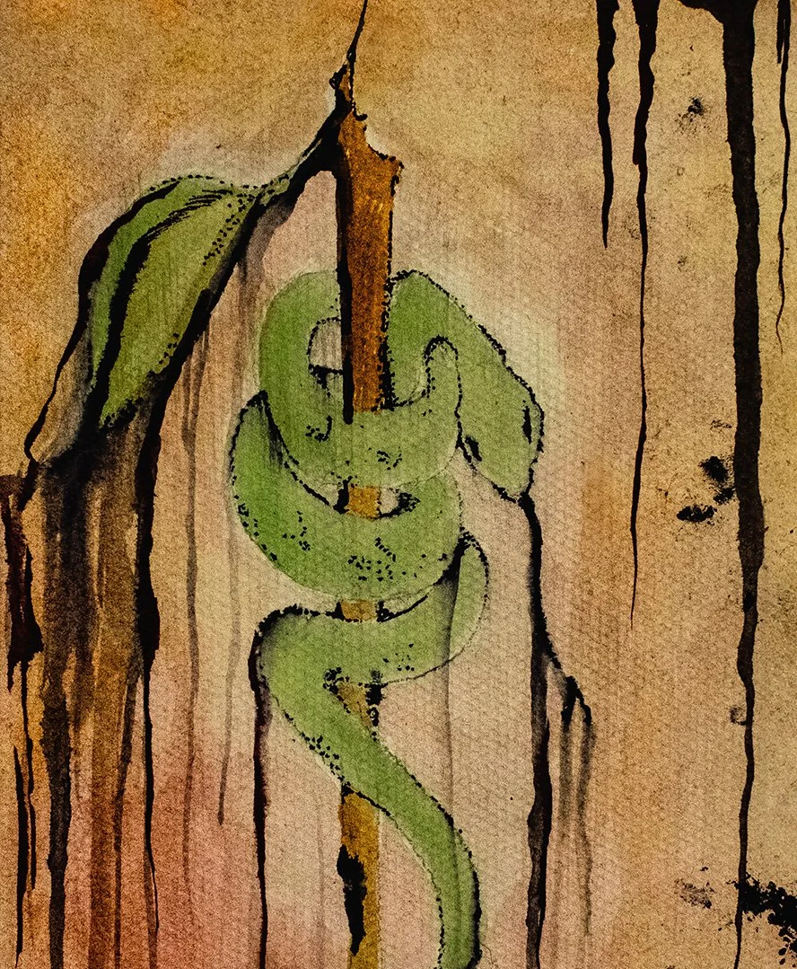Coiled Knowledge. A textured watercolor illustration of a bright green snake coiled tightly around a vertical, brown magic staff. A single large leaf sprouts from the top of the branch. The background is a warm, sepia-toned wash featuring vertical bl