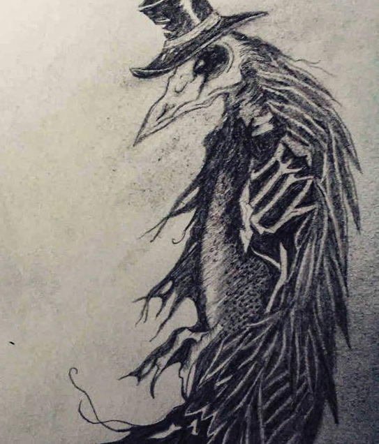 The Carrion Peddler. A gritty charcoal sketch of a skeletal, undead crow standing upright in an anthropomorphic posture. The bird wears a battered top hat, giving it the appearance of a wandering vagrant or an old-timey snake oil salesman. Its feathe