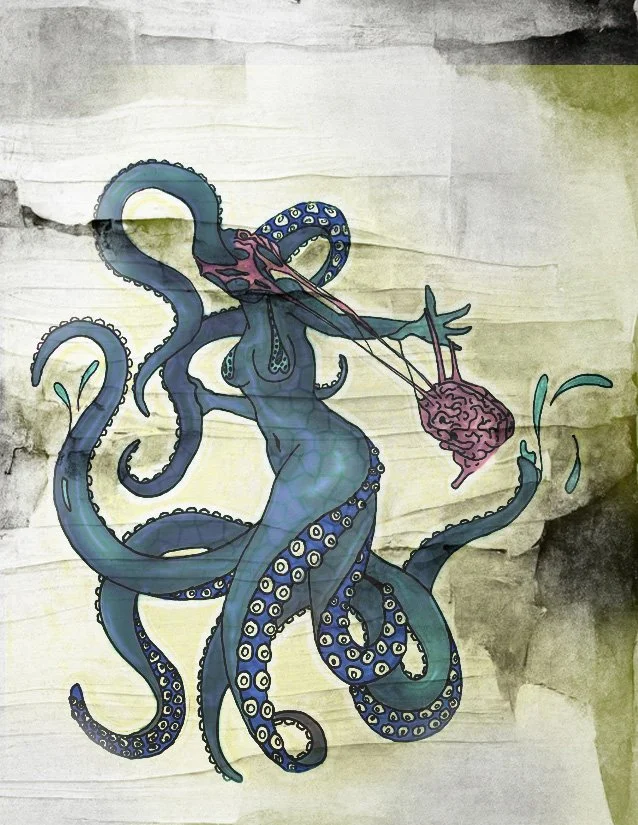 The Thought Collector. A surreal mixed-media illustration of a hybrid octopus-woman creature. The figure has a female torso with blue skin, but her head is replaced by an octopus, and her legs are writhing tentacles. She holds a pink, anatomical brai