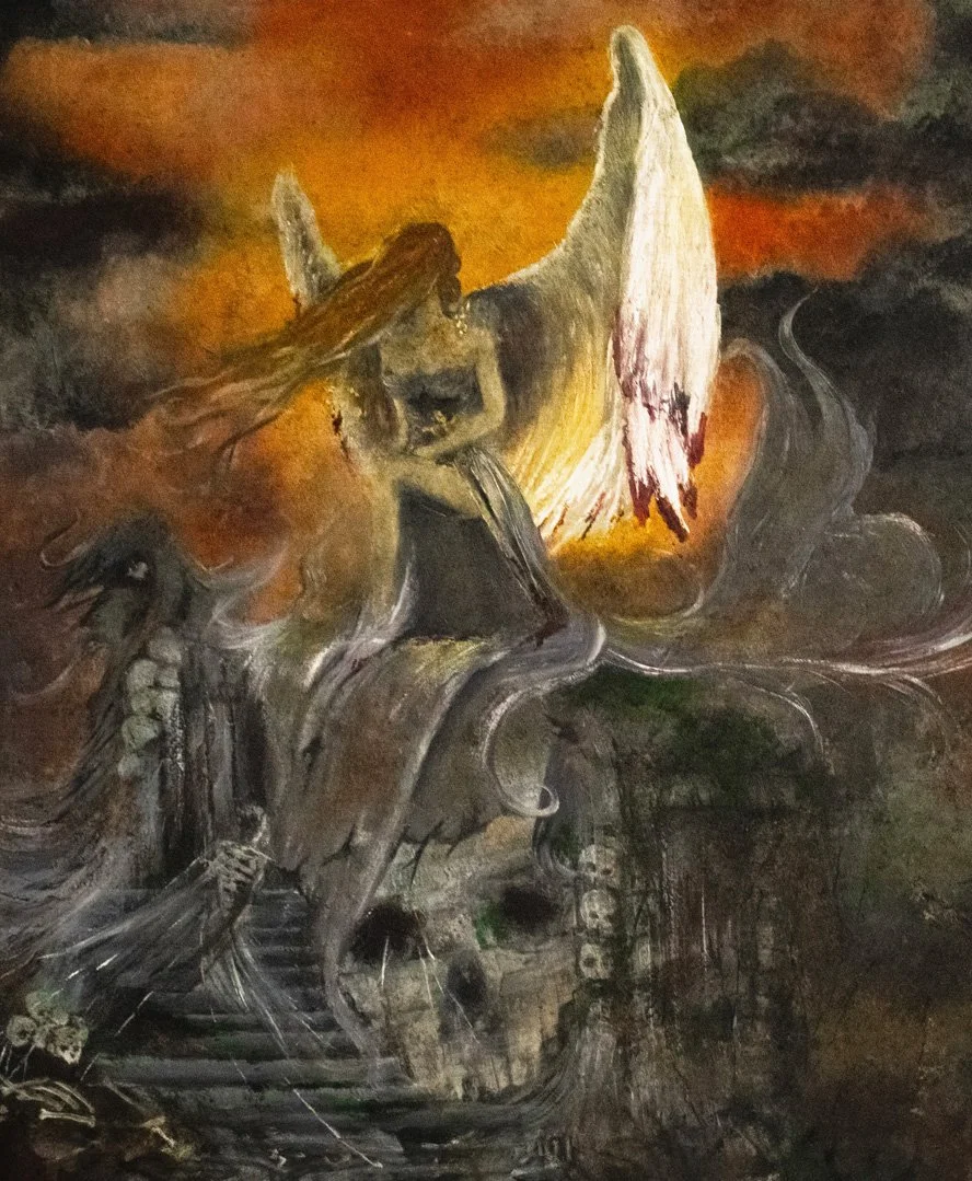 Composure. A moody, dark fantasy oil painting featuring a winged angel figure seated atop crumbling, skeletal ruins. The figure faces away from the viewer with their head bowed, featuring long, flowing hair and a draped gown that melts into the misty