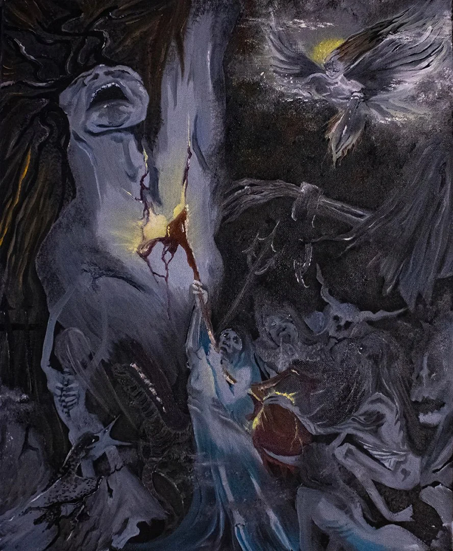 Salvation's Edge. A dark, chaotic oil painting depicting a tormented soul surrounded by skeletal, demonic figures in a black void. A warrior angel enters from the upper right, bearing light and a weapon, seemingly to intervene. While utilizing Christ