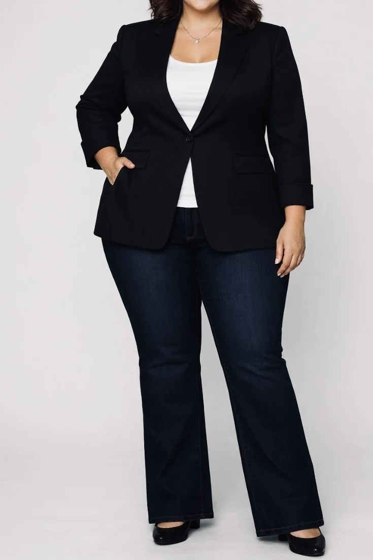 pear shape larger woman navy blue jacket and jeans