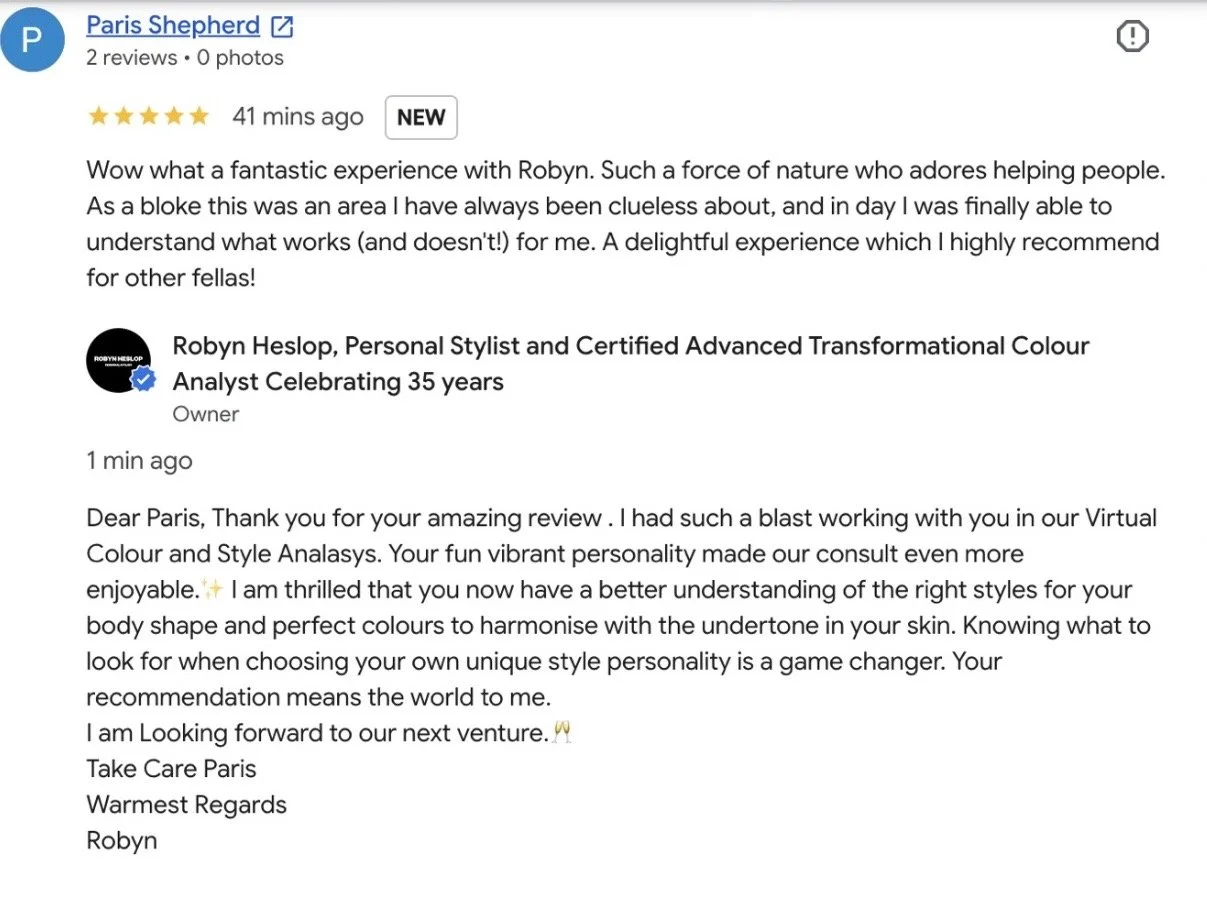 Screenshot of a Google review for Paris Shepherd, a personal stylist and colour analyst, praising Robyn Heslop for her virtual colour and style analysis services.