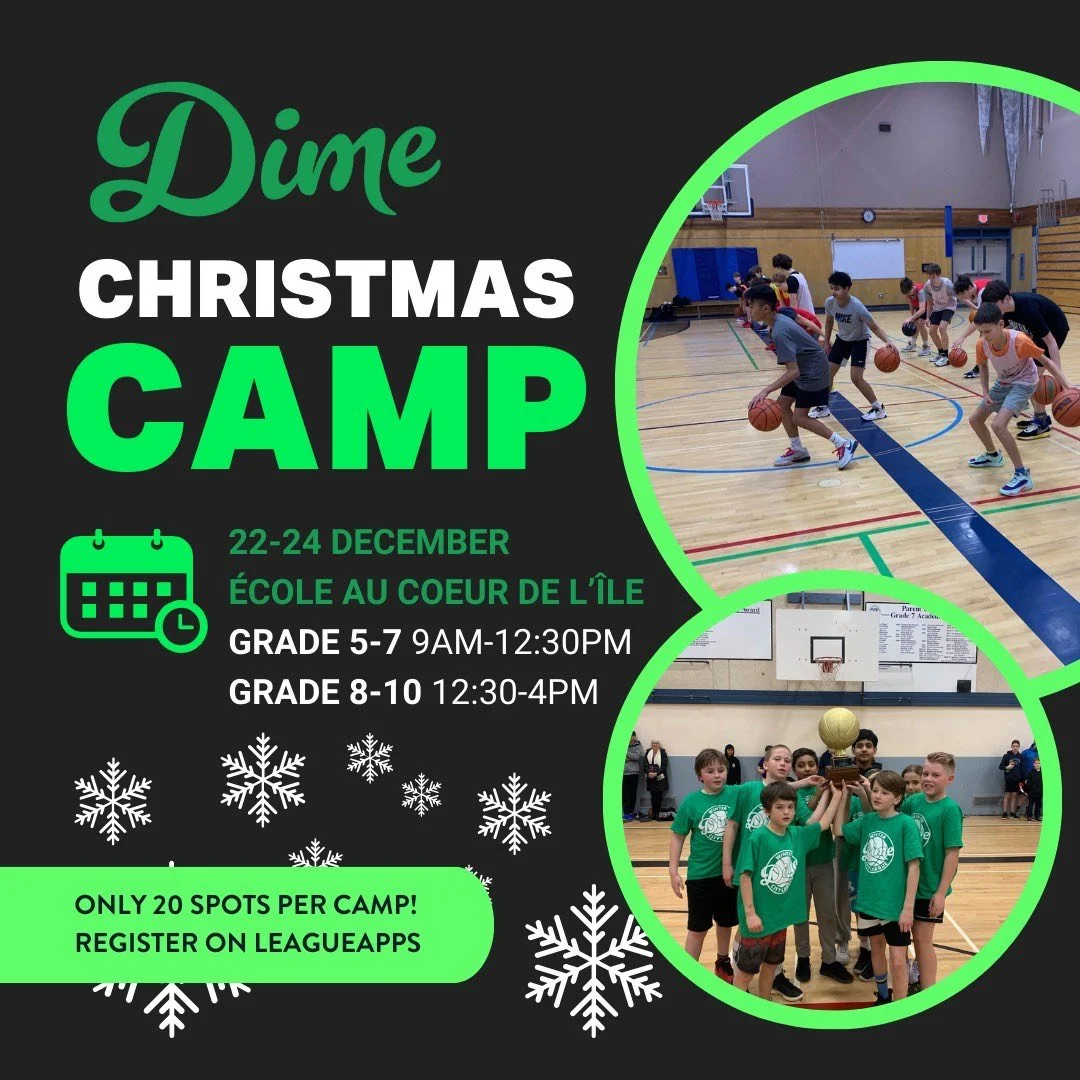 DIME XMAS CAMPS ARE HERE!!! 🎁

Join us over Winter Break from 22nd-24th December for fun, development and games with your Dime Family 😆 We are going Grade 5-7 in the morning; and Grade 8-10 in the afternoon. Lots of hoops, but limited space... 🏀👀