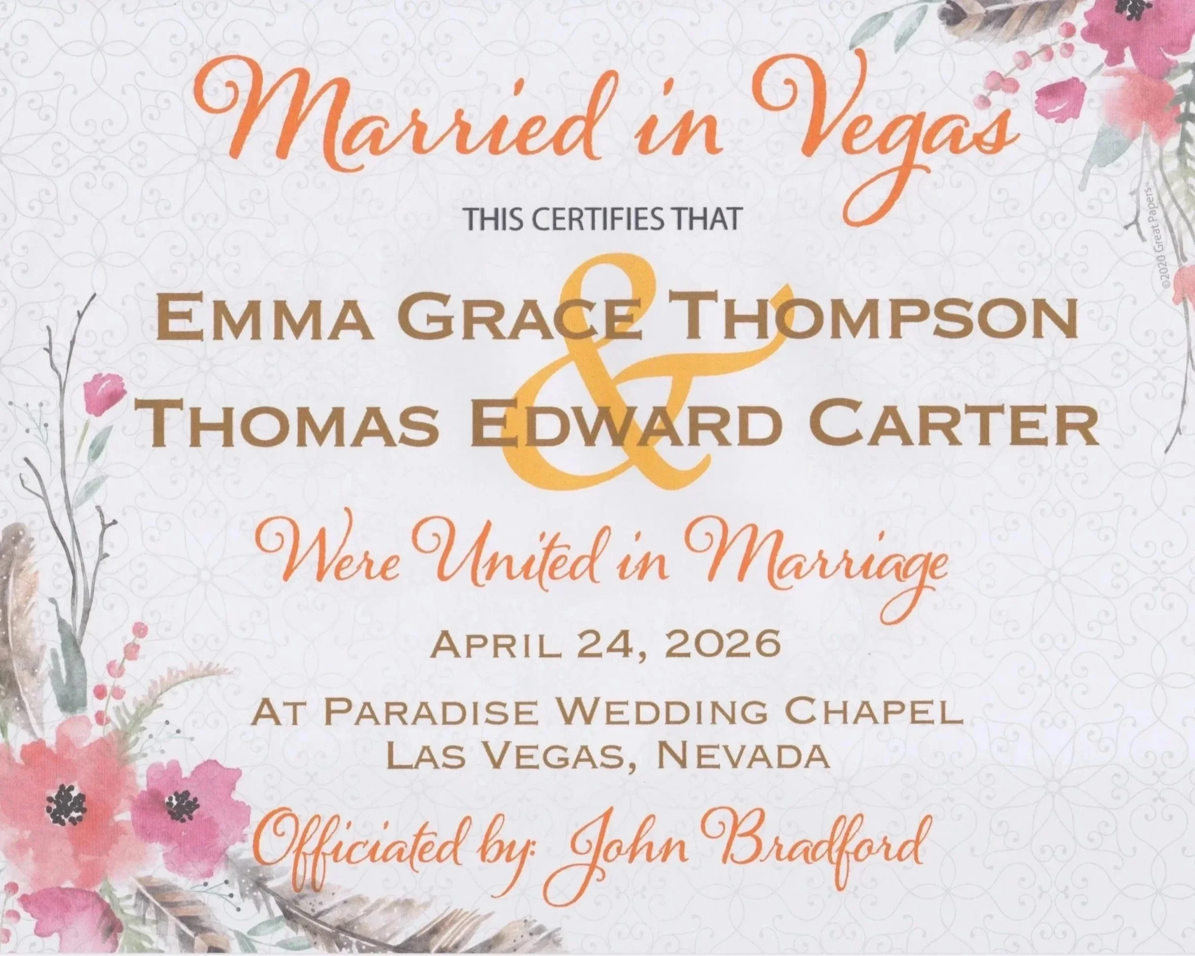 Las Vegas Souvenir Certificate