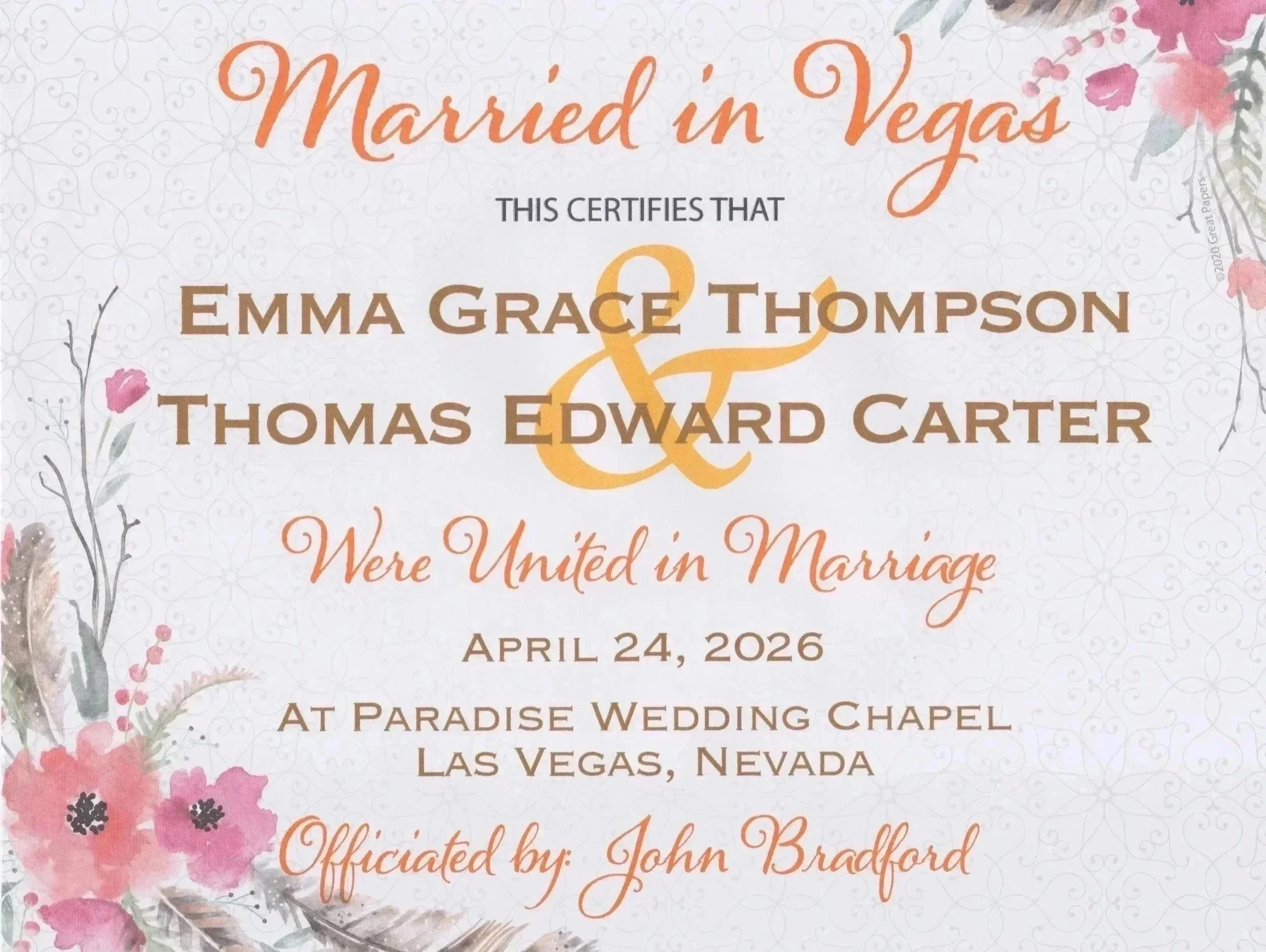 custom souvenir marriage certificate Las Vegas