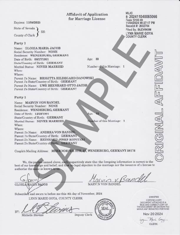 Certified Affidavit of Marriage License