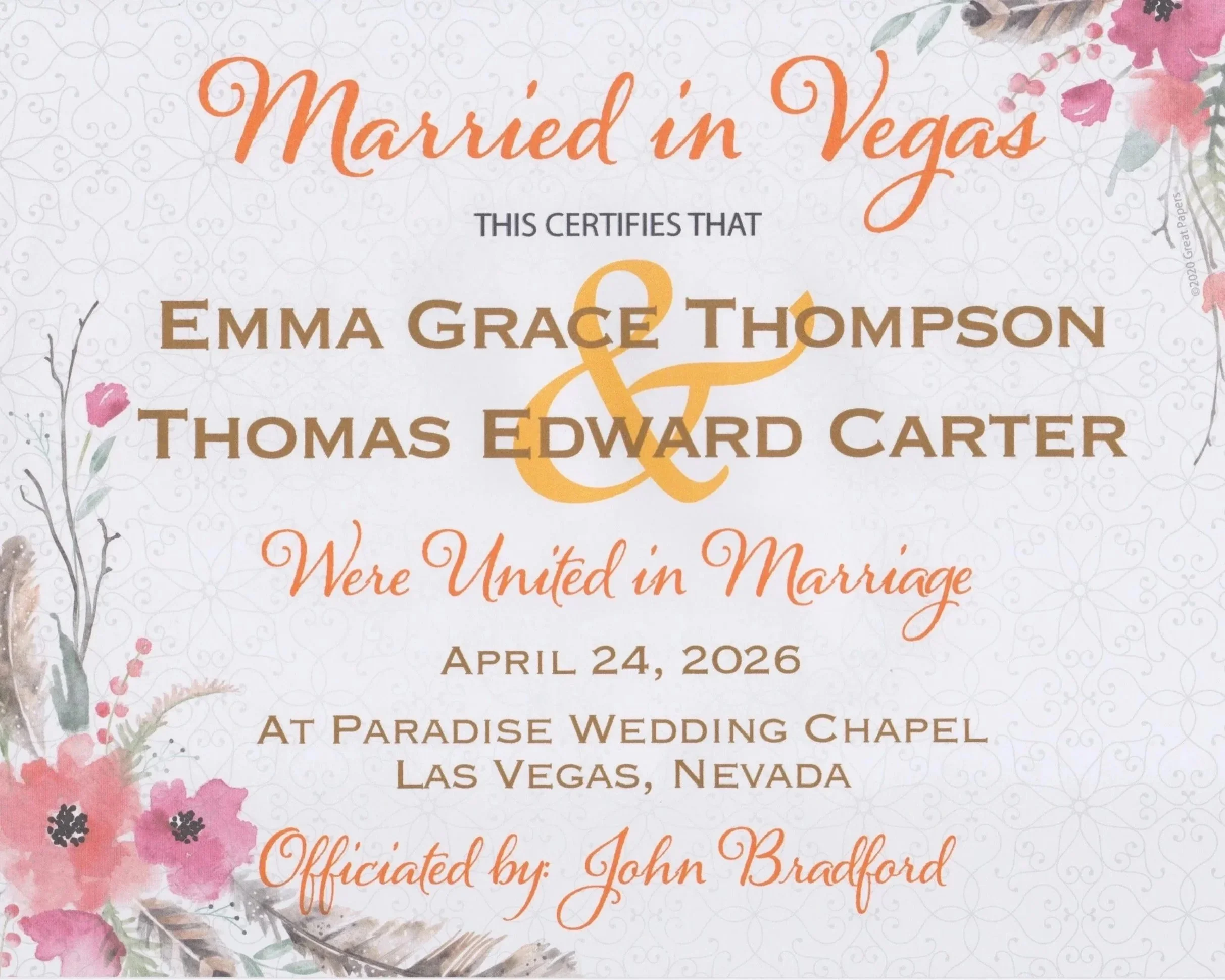customized Las Vegas wedding souvenir marriage certificate