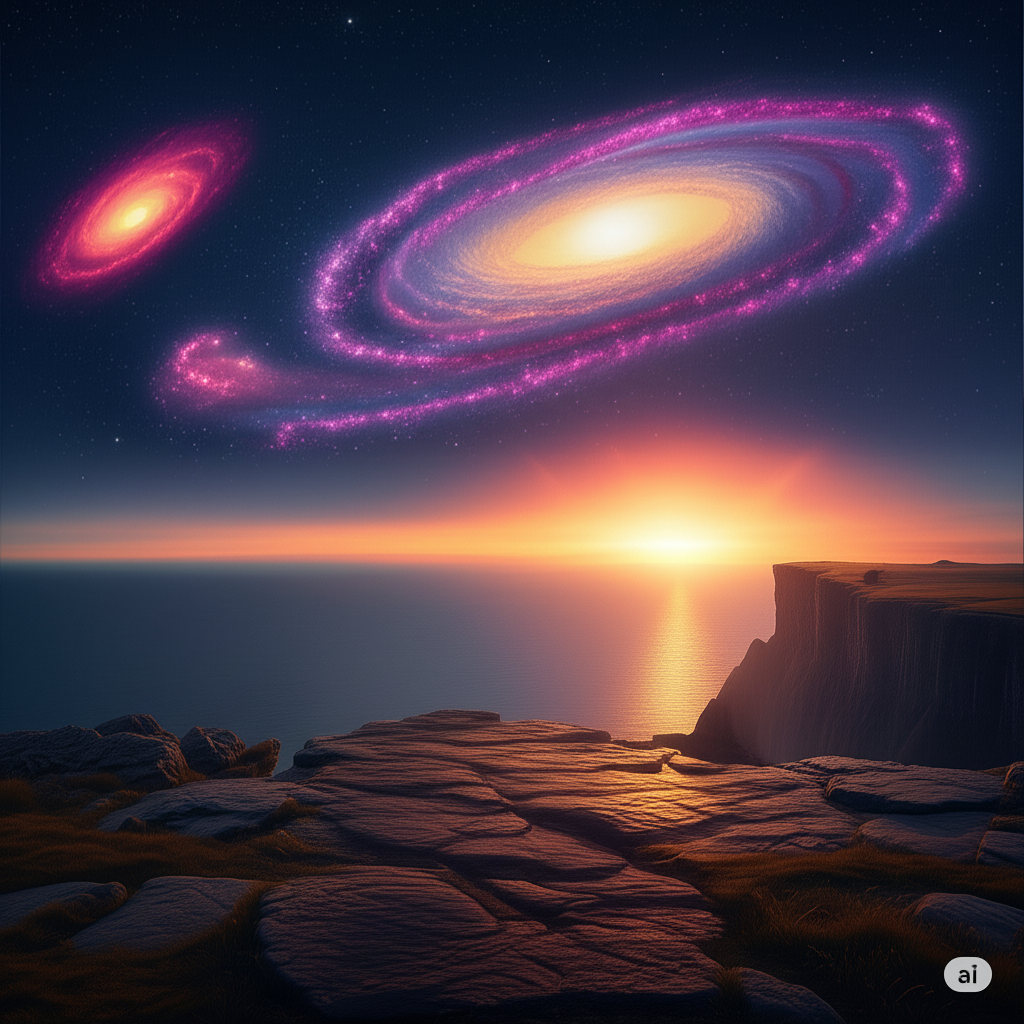 A digitally created scene of a sunset over the ocean with a cliff foreground, and a galaxy with bright pink and yellowish spiral arms and stars visible in the sky.