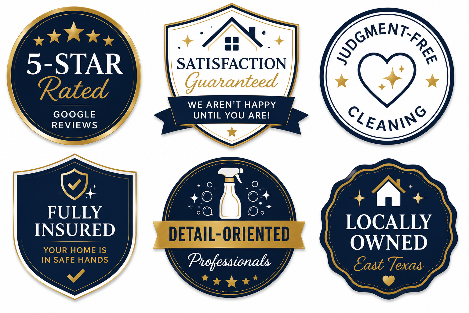 Six badges with navy blue, gold, and white colors showcasing service reviews and guarantees. The badges promote 5-star ratings, satisfaction guarantees, judgment-free cleaning, full insurance, detail-oriented professionals, and local ownership in East Texas.