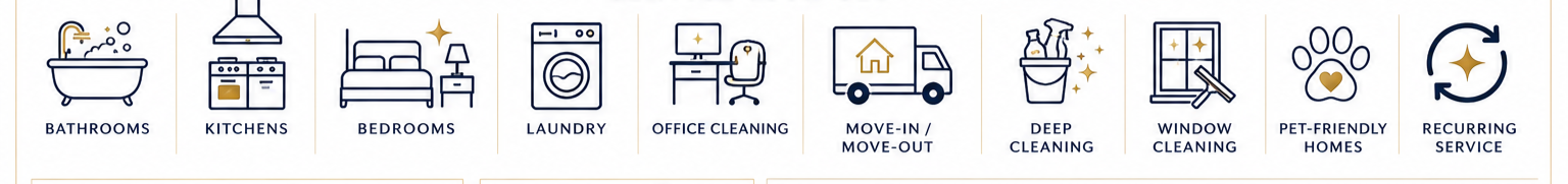 Icons representing cleaning and home services including bathrooms, kitchens, bedrooms, laundry, office cleaning, move-in/move-out cleaning, deep cleaning, window cleaning, pet-friendly homes, and recurring service.