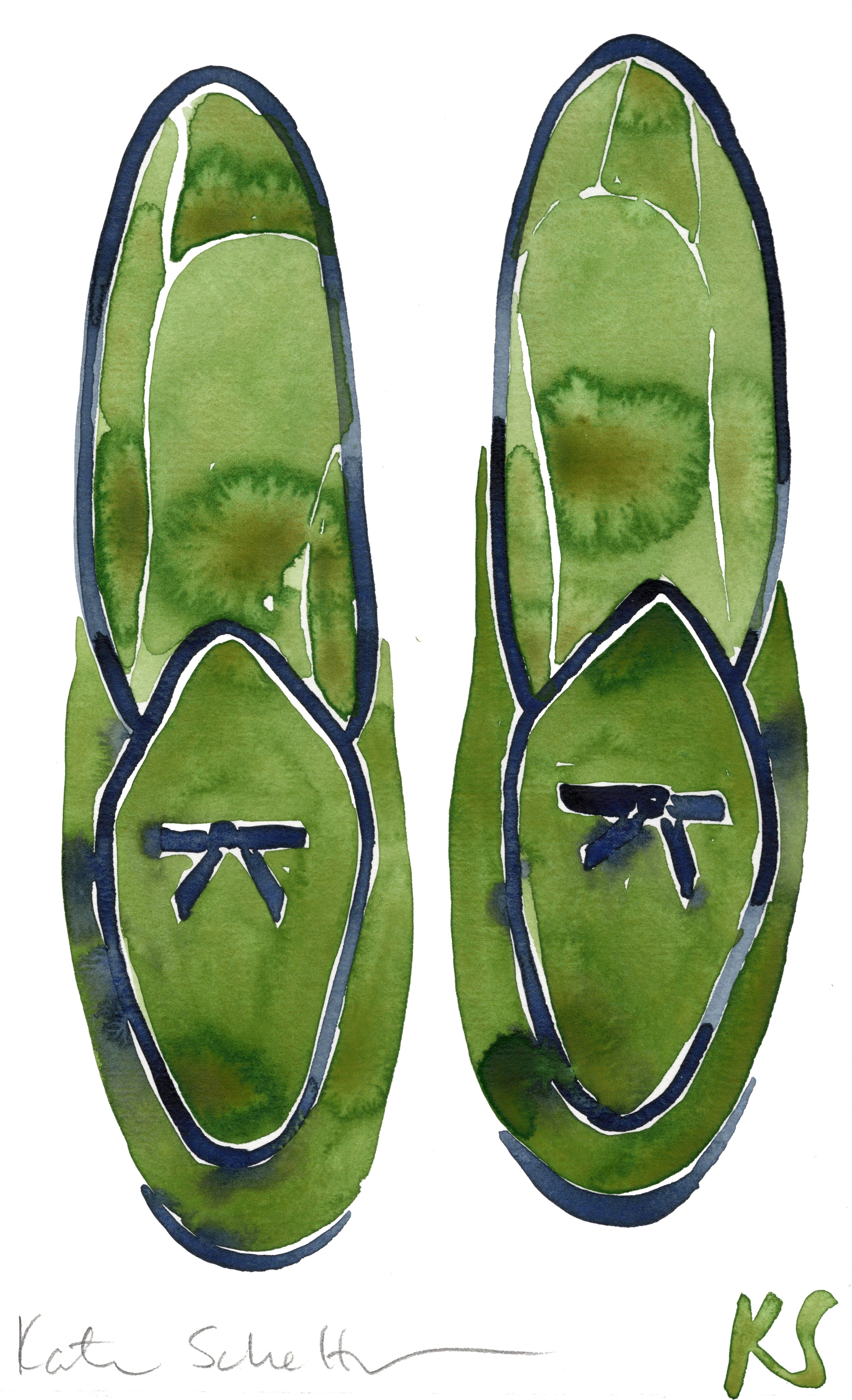 BELGIAN SHOES GREEN NAVY PIPING | 6.5" X 10.5"