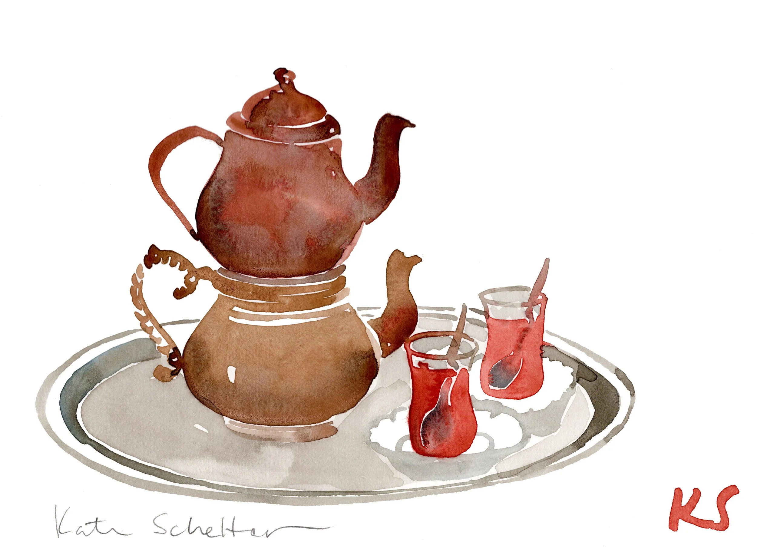 TWO TURKISH TEAS, çay, POTS, TRAY | 11.5" X 9"