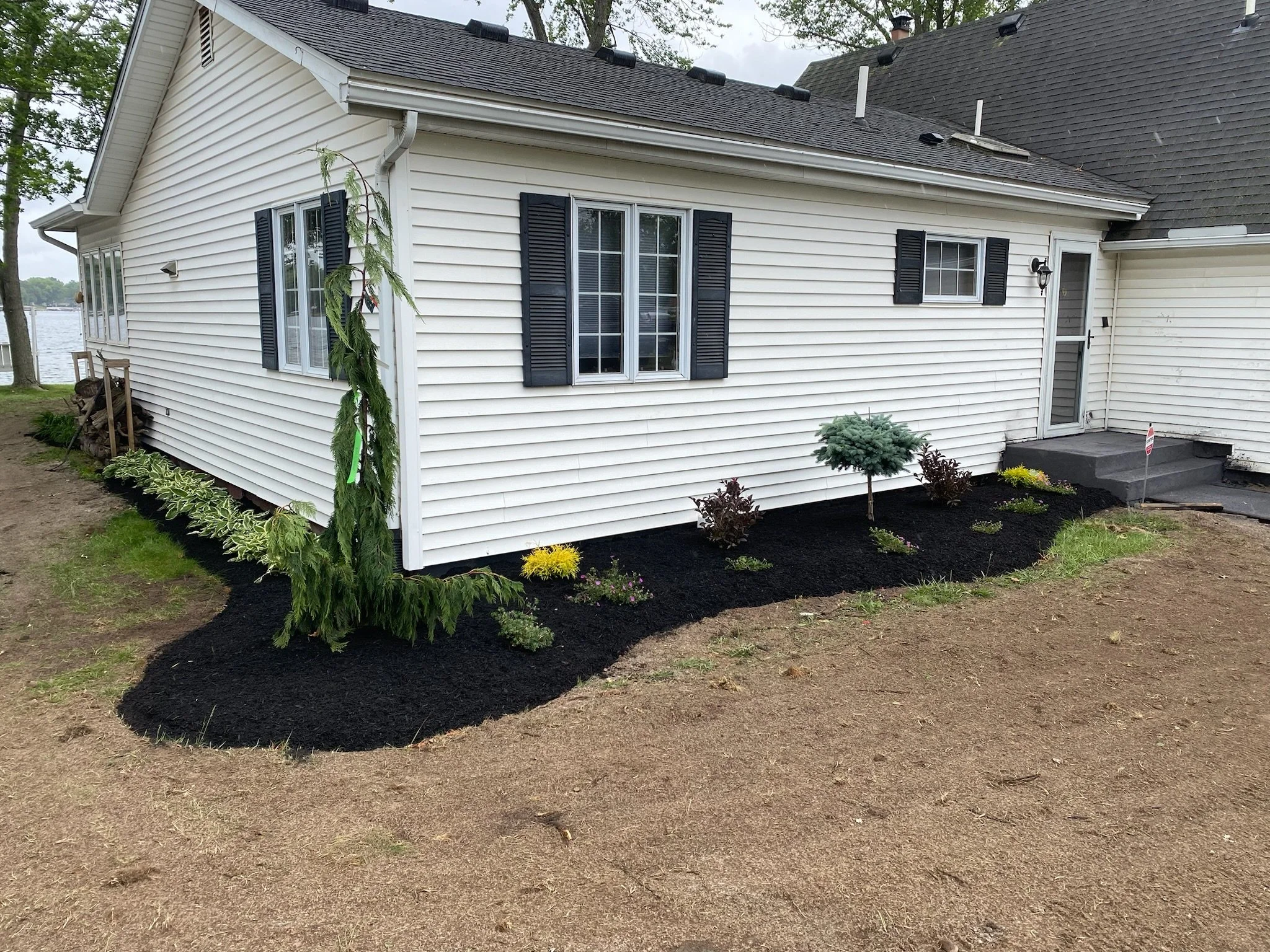 A white single-story house with black shutters and a landscaped garden with mulch and various plants.