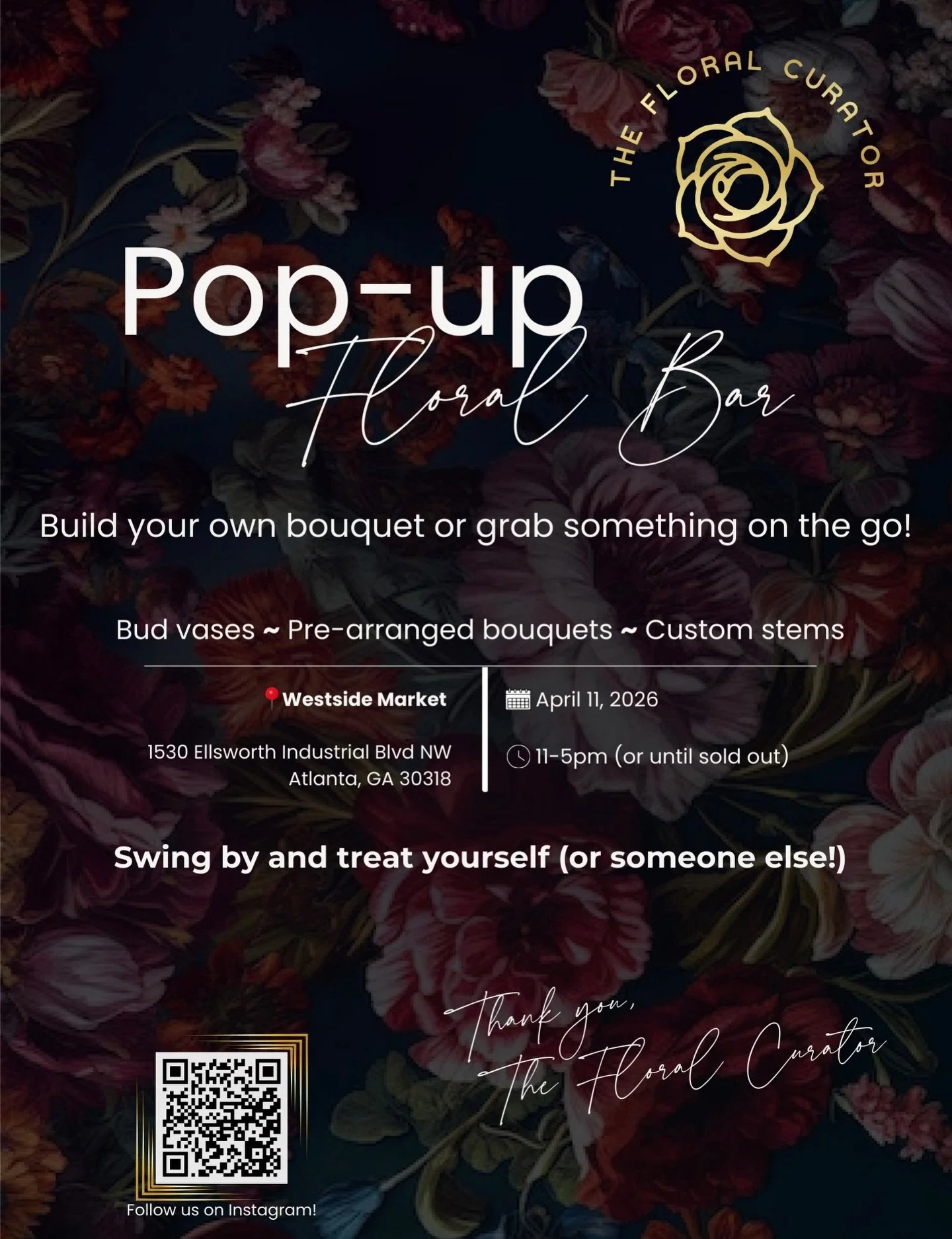 We&rsquo;re popping up! 

Join us at Westside Market to build your own bouquet or grab something beautiful on the go.

Bud vases &bull; Pre-arranged bouquets &bull; Custom stems

🗓 April 11
⏰ 11&ndash;5PM (or until sold out)
📍 Westside Market, Atla