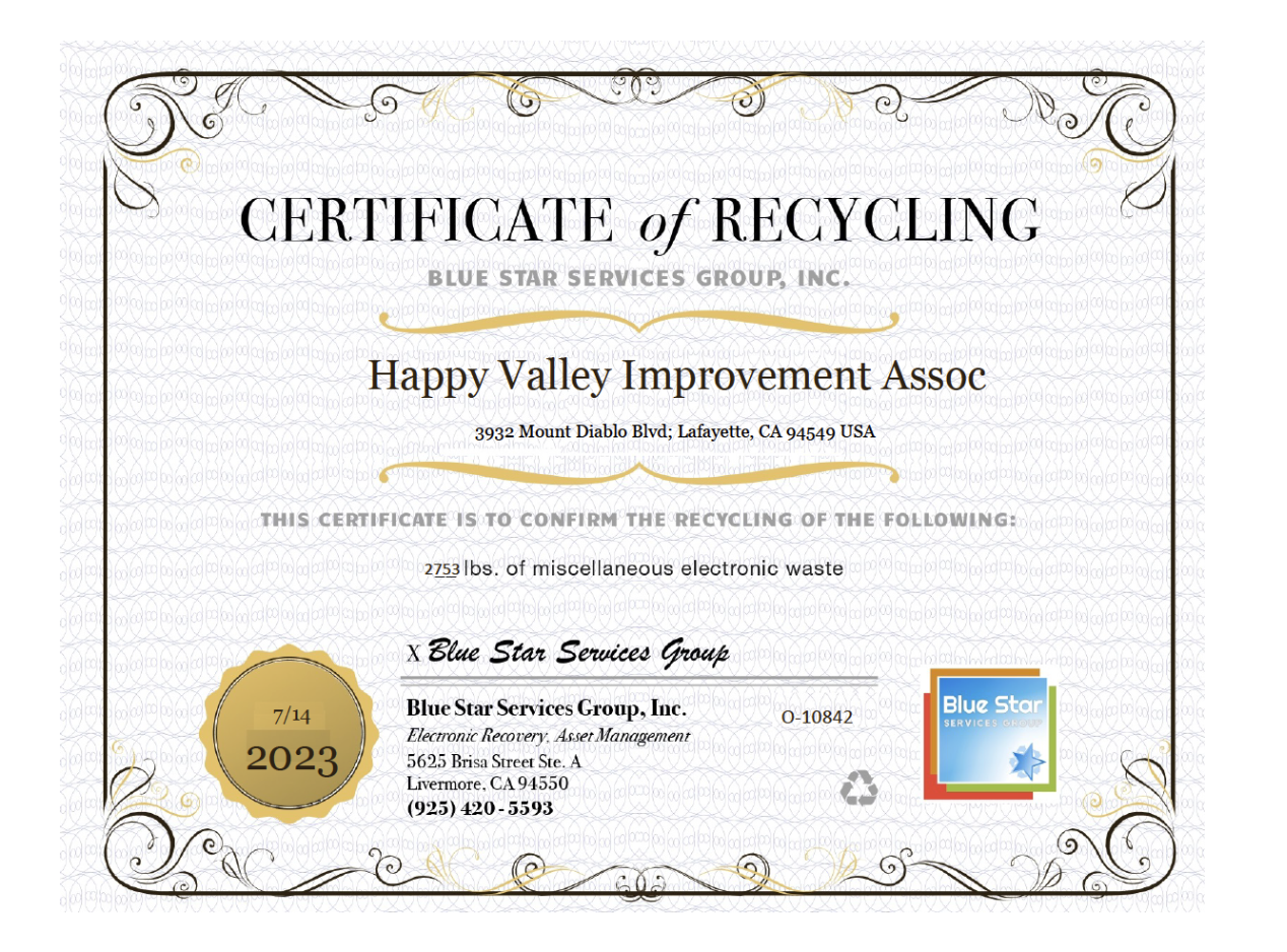 August 25, 2023 - Electronic Recycling Certificate for Happy Valley 
