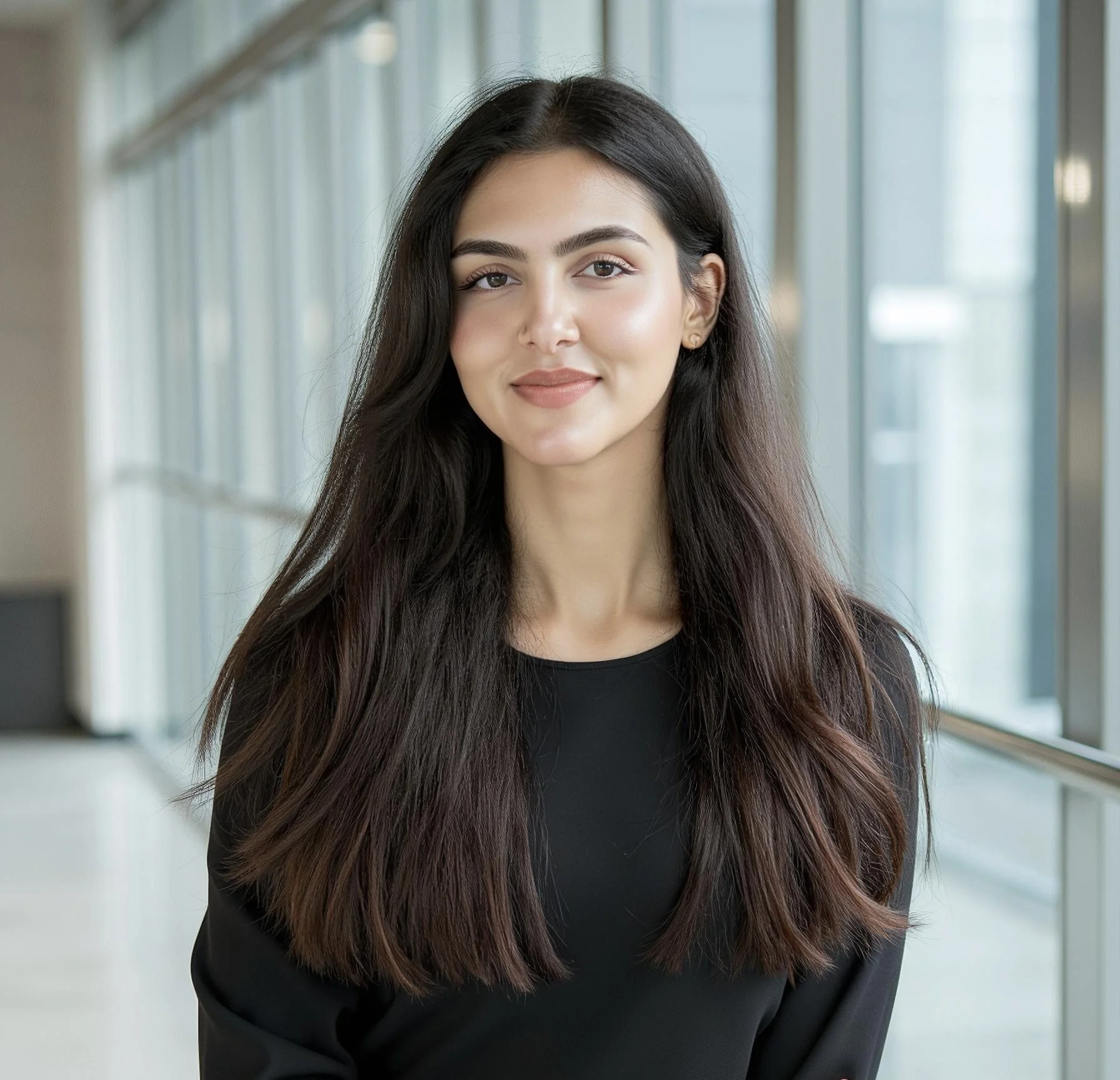 A young woman with long dark hair, wearing a black top, standing indoors with large windows behind her.