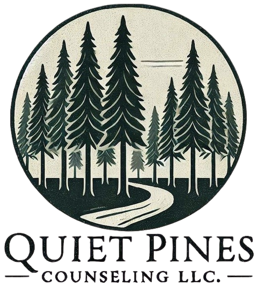 Silhouette of tall pine trees along a winding road in a forest with the text 'Quiet Pines Counseling LLC'
