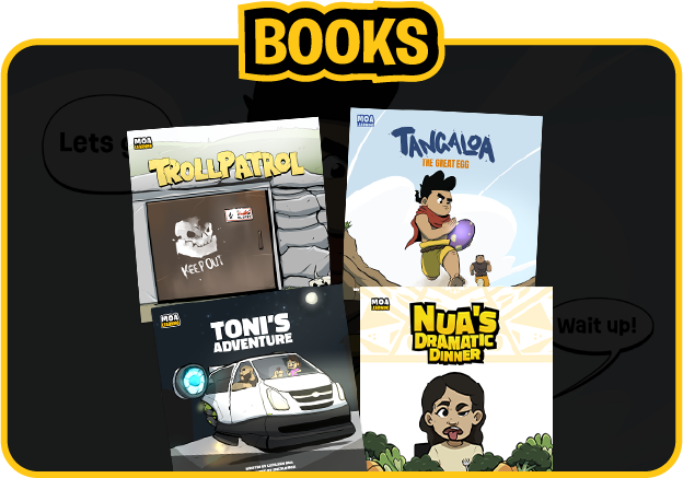 Four children’s books displayed, titled Troll Patrol, Tangalela, Tony's Adventure, and Noa's Dramatic Dinner, with illustrated covers.