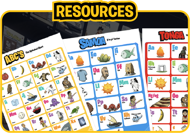 Colorful alphabet charts for ABC's, Samoa, and Tonga with illustrations of animals, objects, and characters.