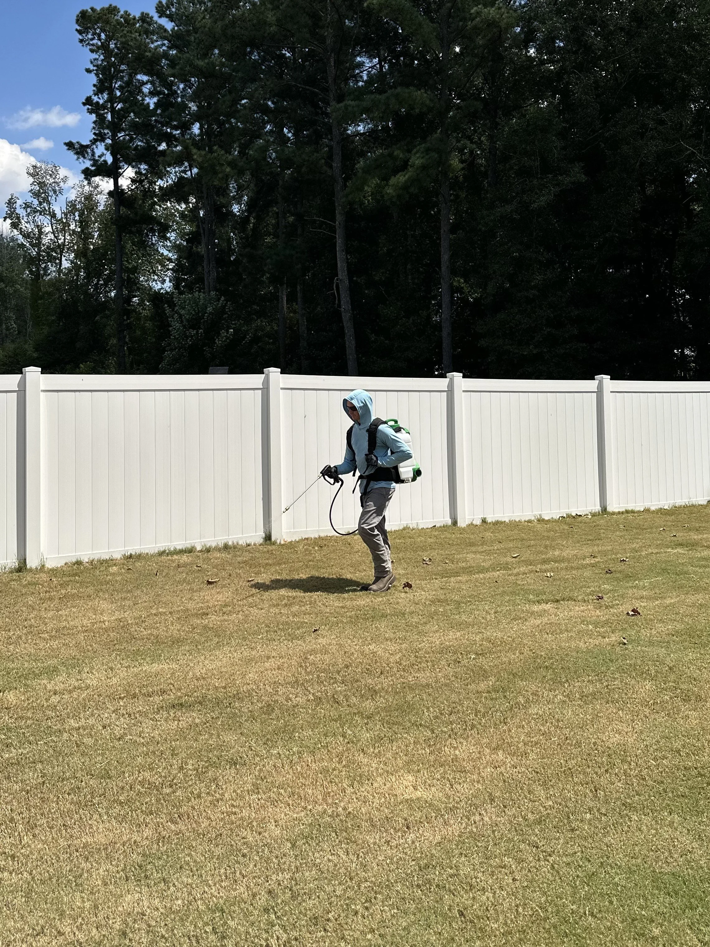 Person wearing a blue hoodie and gray pants spraying pesticide or herbicide in a backyard with a white privacy fence and tall trees in the background.