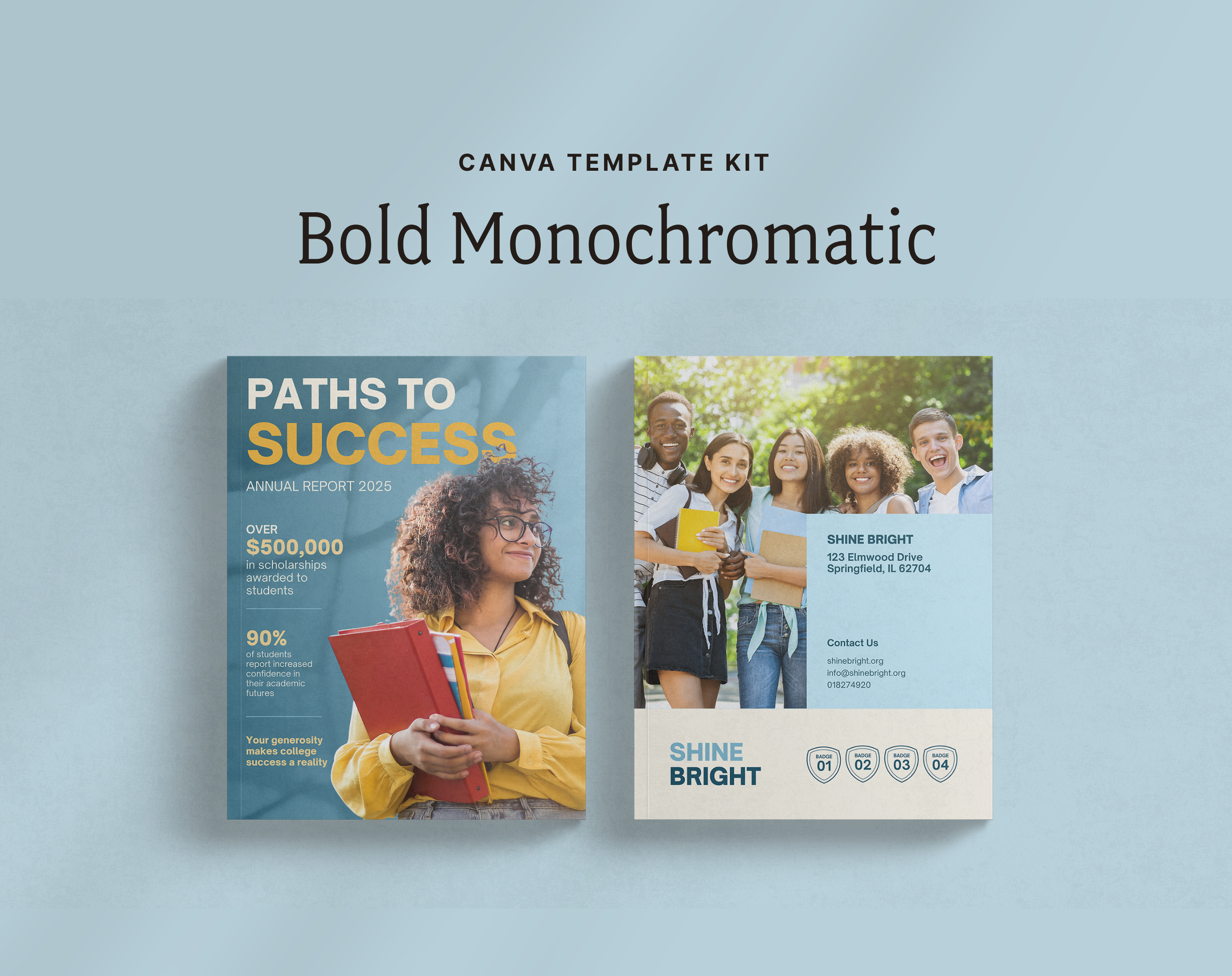 Front and back covers of an annual report brochure titled “Paths to Success”, featuring a student-focused design with vibrant photography, scholarship statistics, contact information, and a clean blue-and-gold color palette.