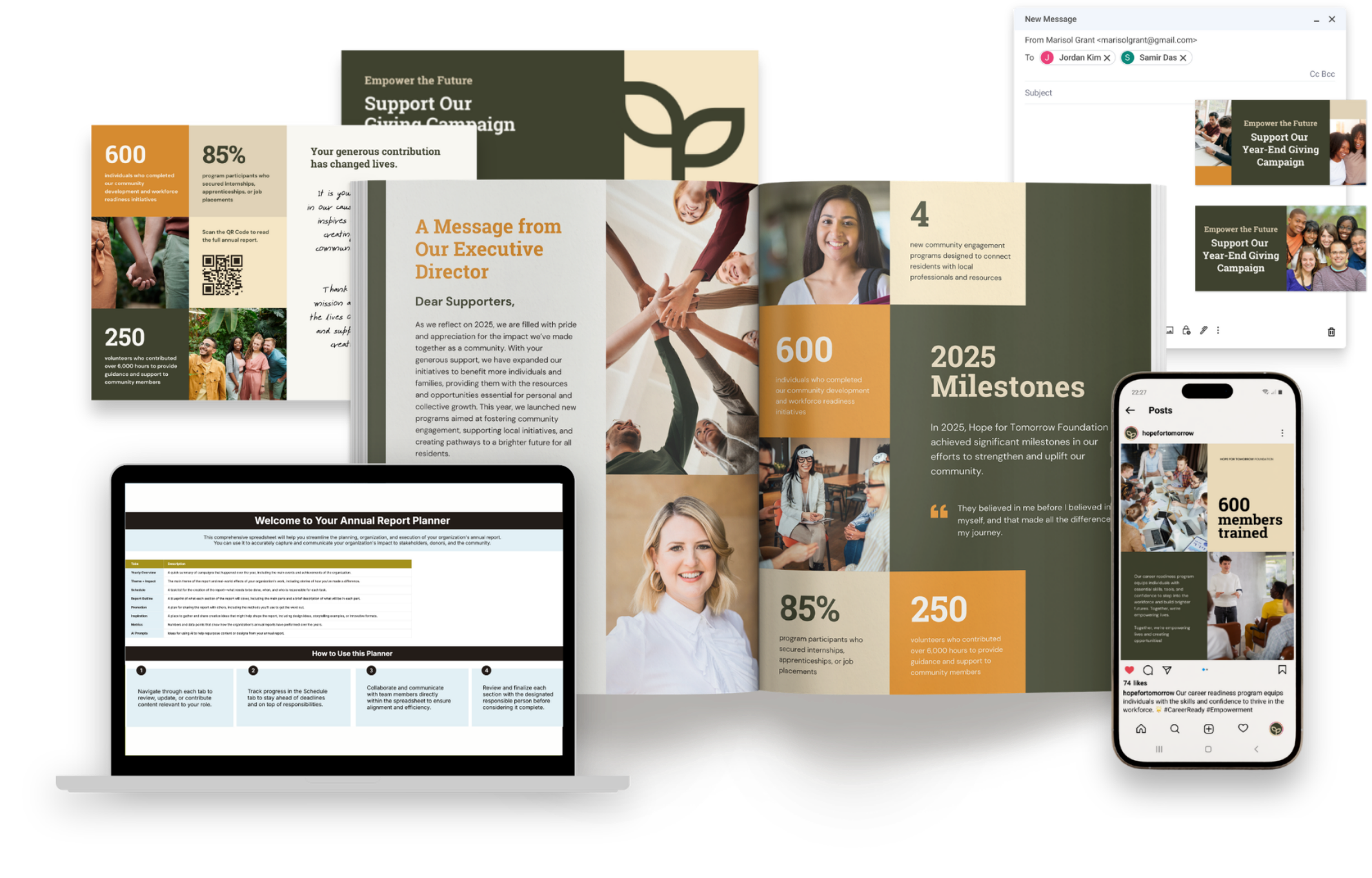 Collage of digital devices displaying community and charity campaign materials, including a laptop, tablet, and smartphone, with brochures and social media posts about supporting a year-end giving campaign with diverse groups of people.
