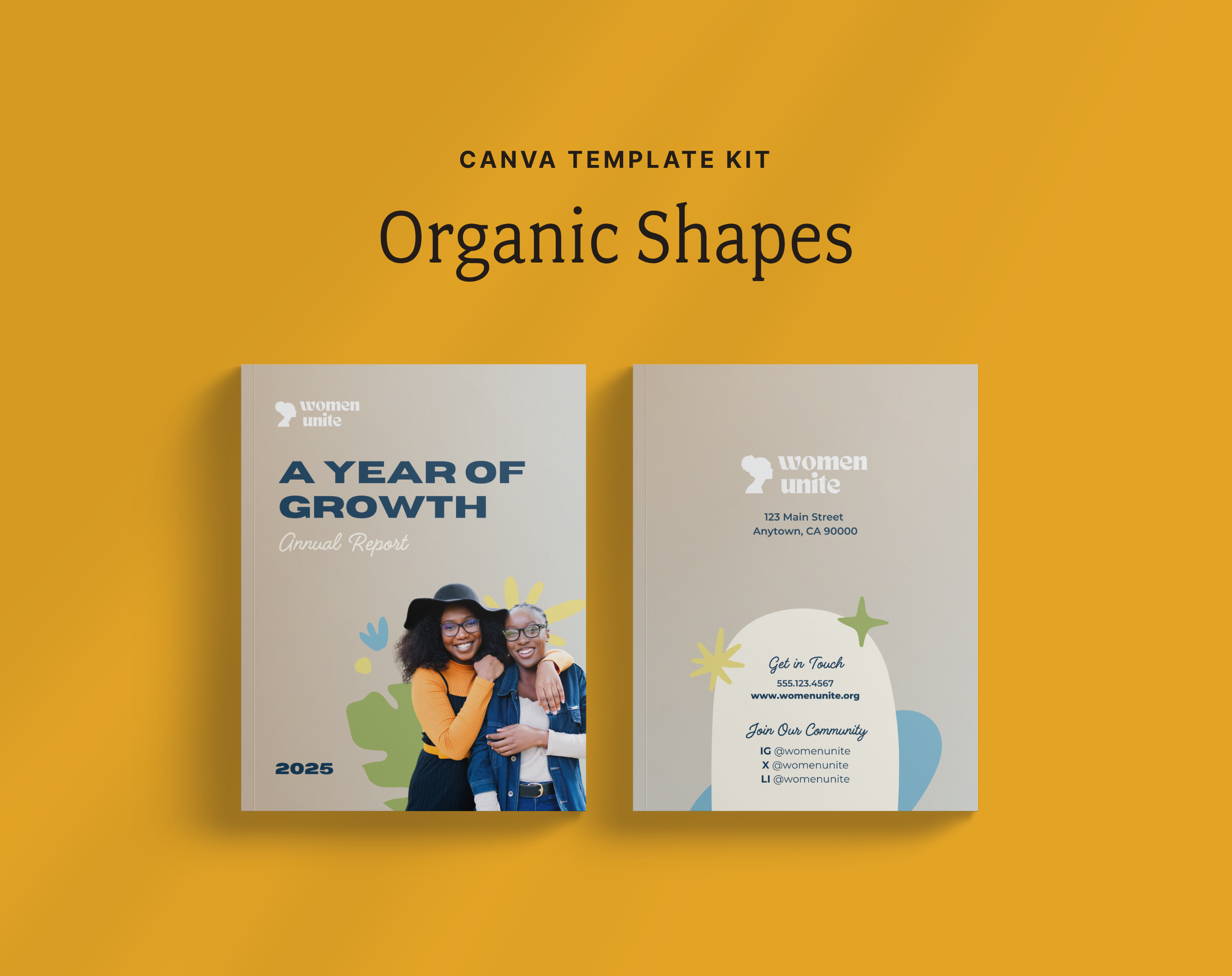 Front and back covers of a women’s organization brochure titled "Organic Shapes" with the logo "Women Unite," featuring artwork and contact information.