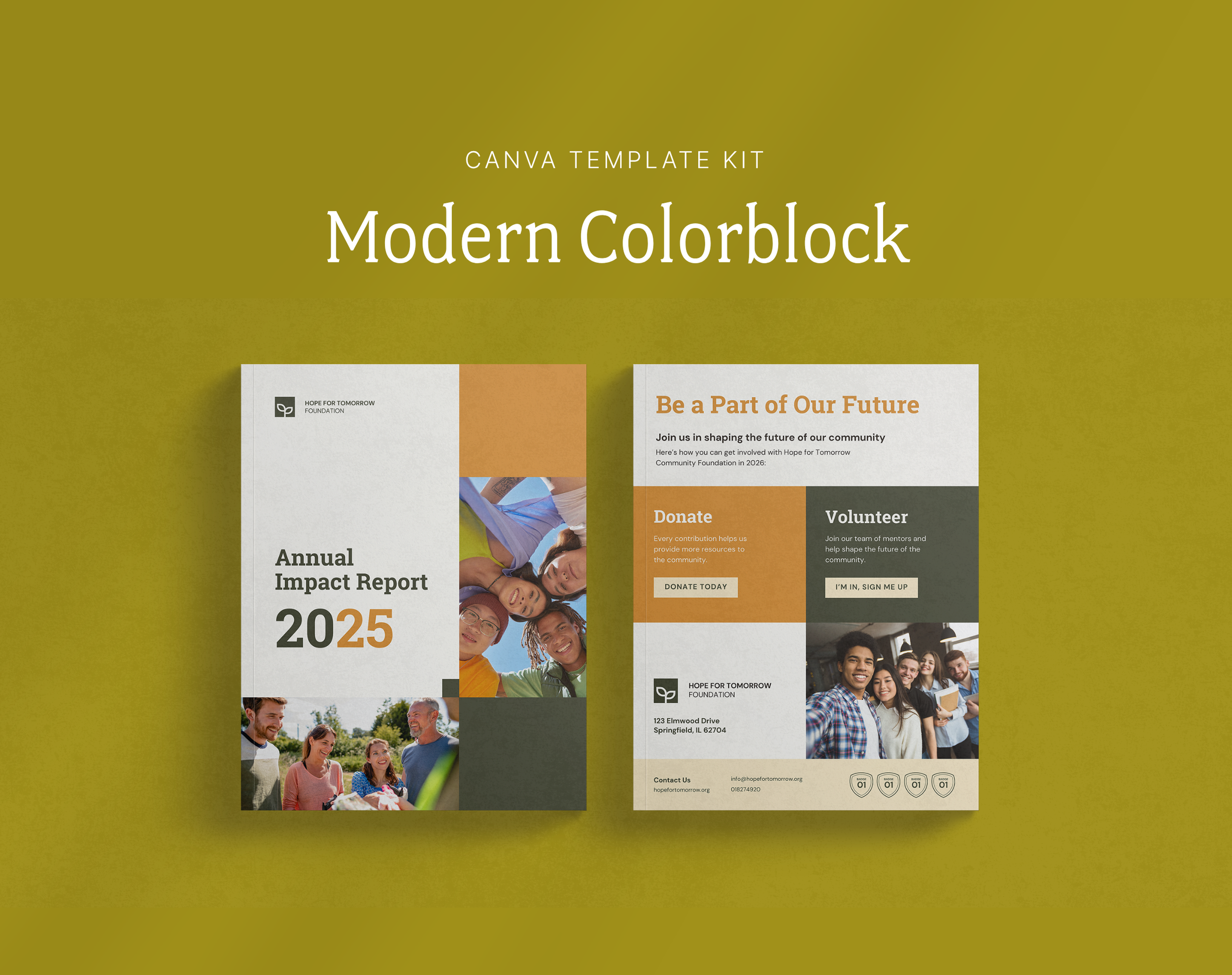 Promotional graphic for a modern color block Canva template kit with two flyers. The left flyer is a 2025 impact report for Hope for Tomorrow Foundation, featuring photos of diverse smiling people and a green, orange, and white color scheme. The righ