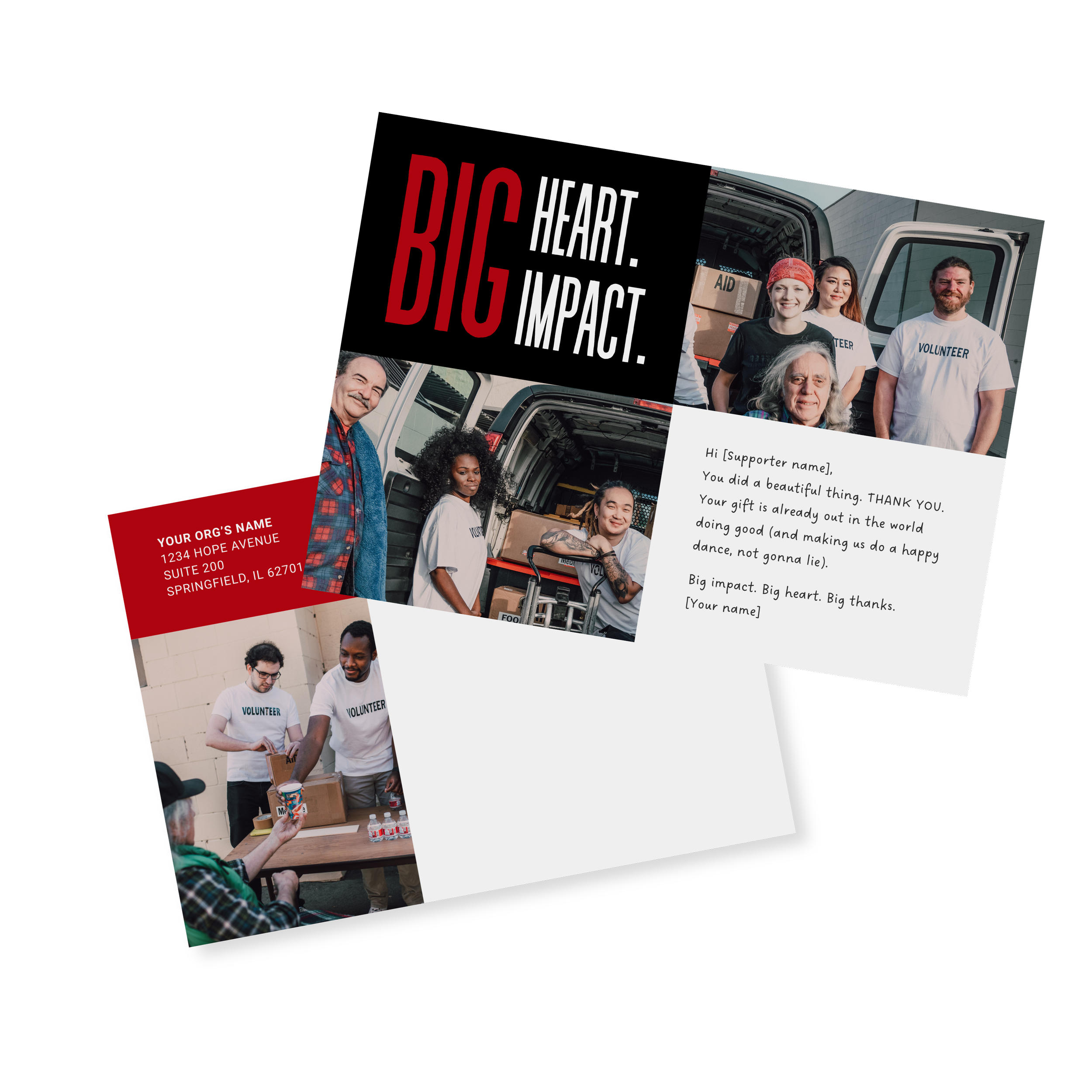 A flyer with photos of volunteers and a message of appreciation for supporters. The flyer features the phrase "BIG HEART. BIG IMPACT." and includes contact information for an organization in Springfield, Illinois.