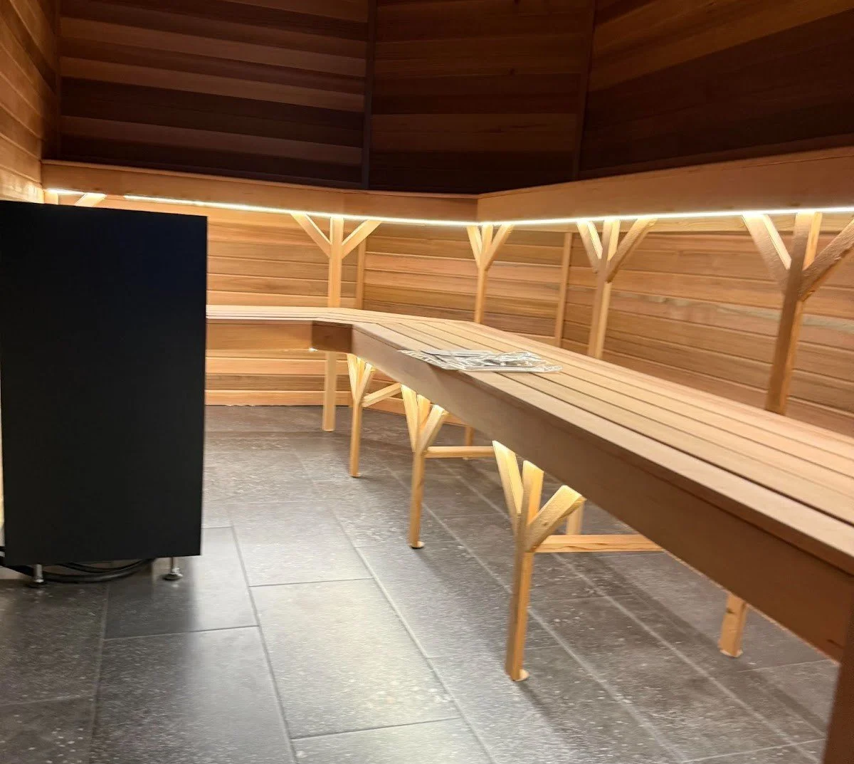 An interior view of a modern sauna featuring wood-paneled walls, tiered wooden benches with integrated under-bench LED lighting, and dark stone floor tiles..jpg