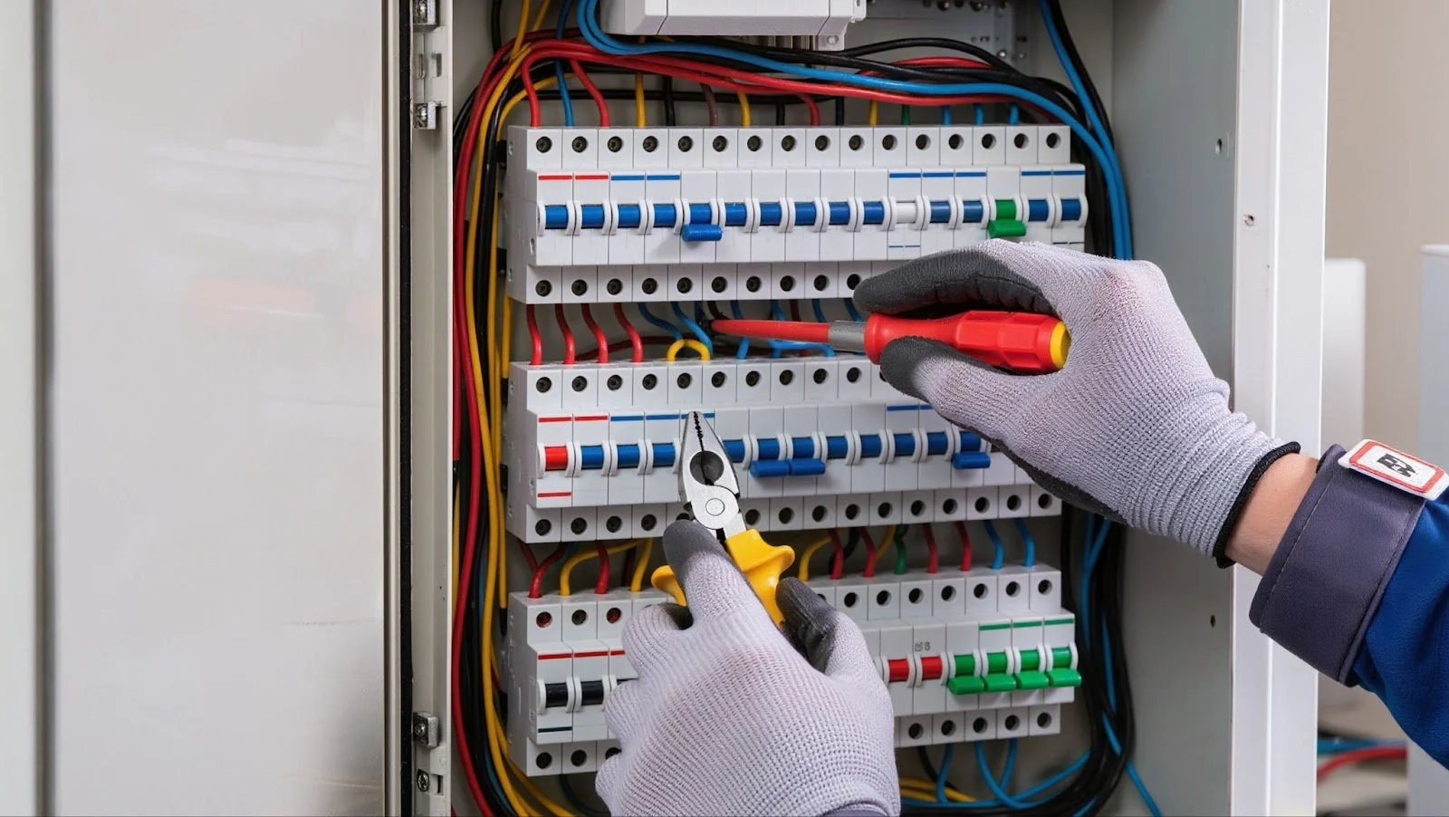 An electrician wearing safety gloves uses a screwdriver and pliers to work on an open electrical circuit breaker panel.