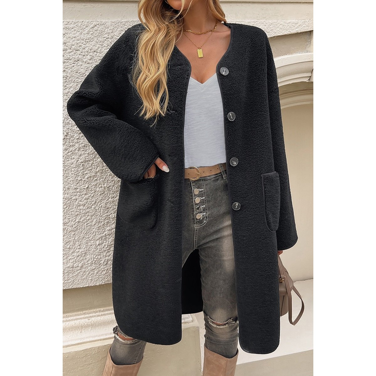 Solid Fuzzy Long Body Button Down Pockets Coat.jpeg