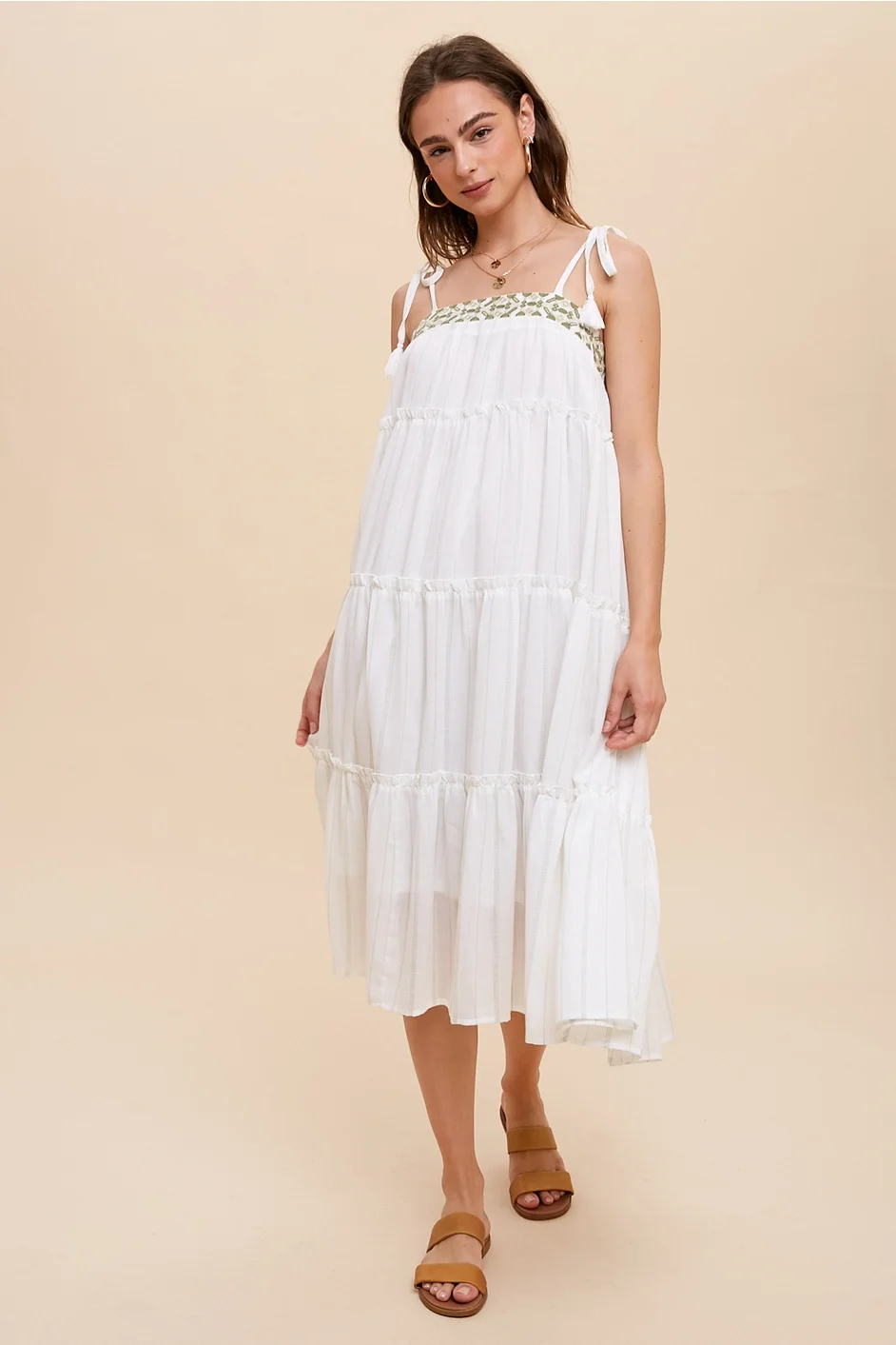 Tiered Midi Dress with Tassle Tie Strap