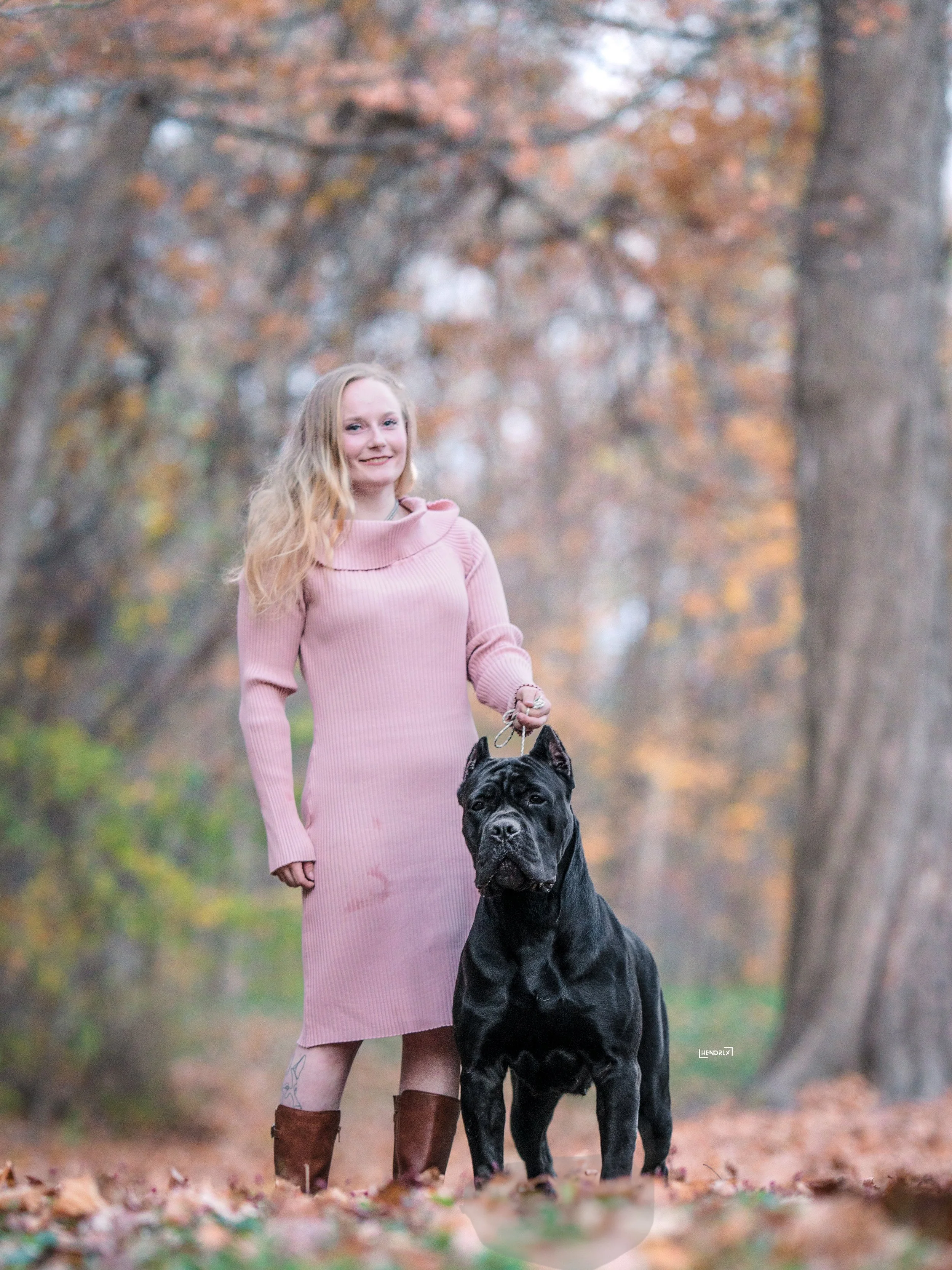 A young woman with long blonde hair wearing a pink dress and brown boots standing outdoors with a large black dog on a leash among fallen autumn leaves, surrounded by trees with colorful fall foliage.