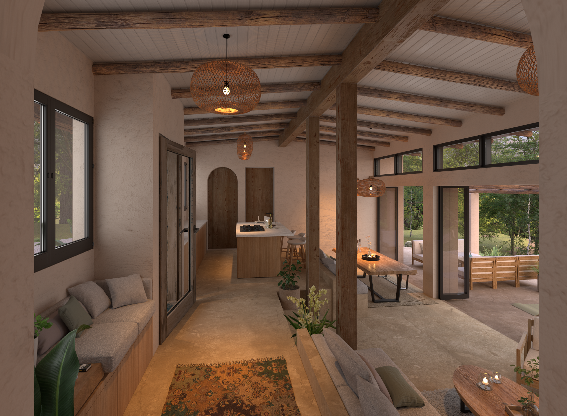 Open-concept living space with large windows, wooden beams on ceiling, cozy seating area, kitchen with island, and outdoor patio with seating.