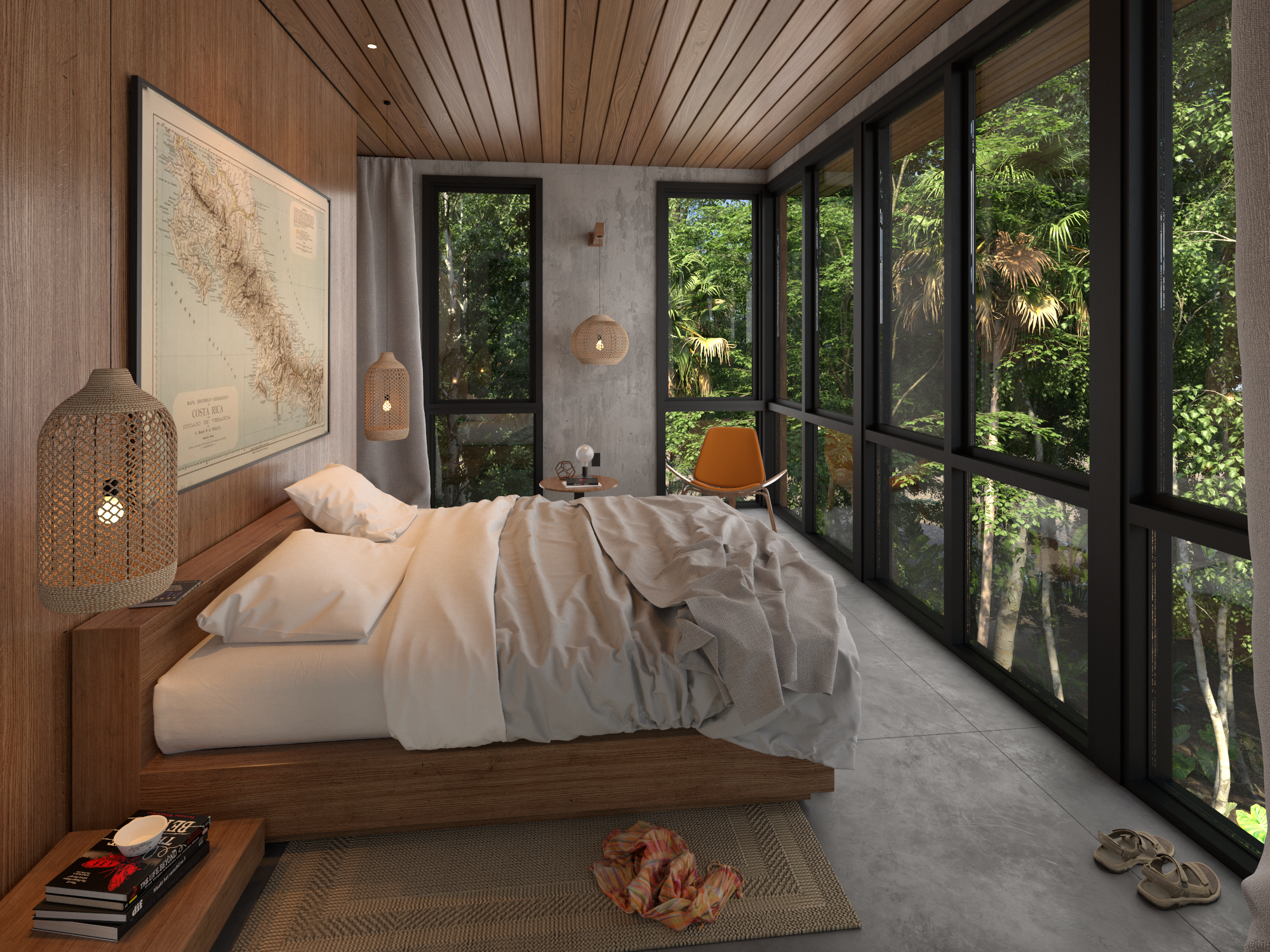 Modern bedroom with a large bed, wooden headboard, and glass windows showing trees outside.