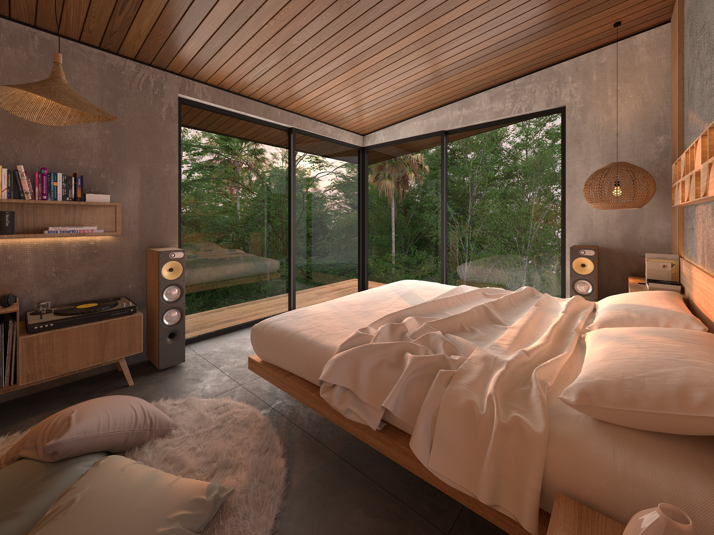 Modern bedroom with a large bed covered in white bedding, surrounded by floor-to-ceiling glass windows showing green trees outside, a wooden ceiling, and contemporary decor including a hanging wicker light, a bookshelf, and audio equipment.