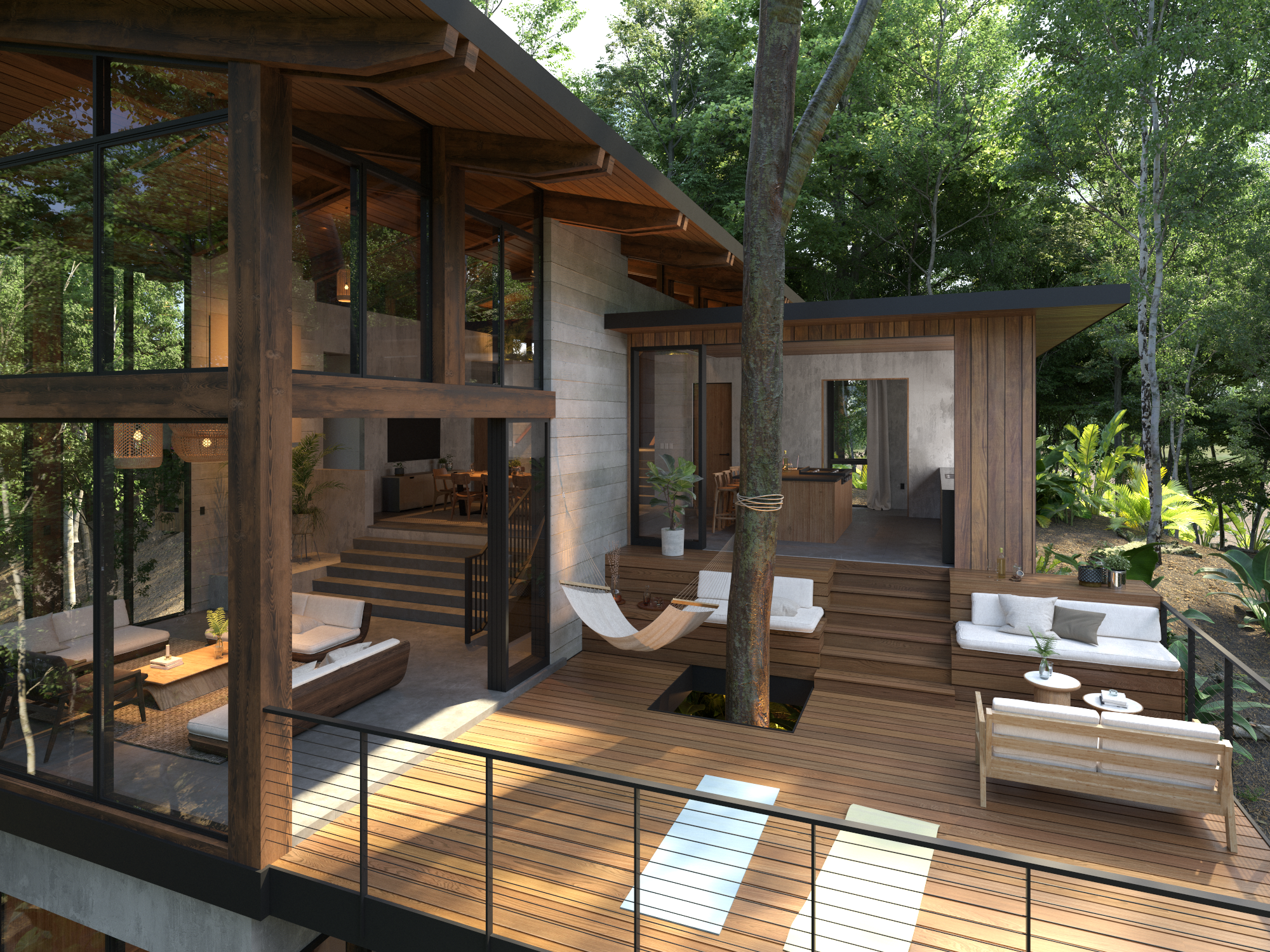 Modern multi-level house with large glass windows and a spacious outdoor deck with seating, a hammock, and trees surrounding the house.
