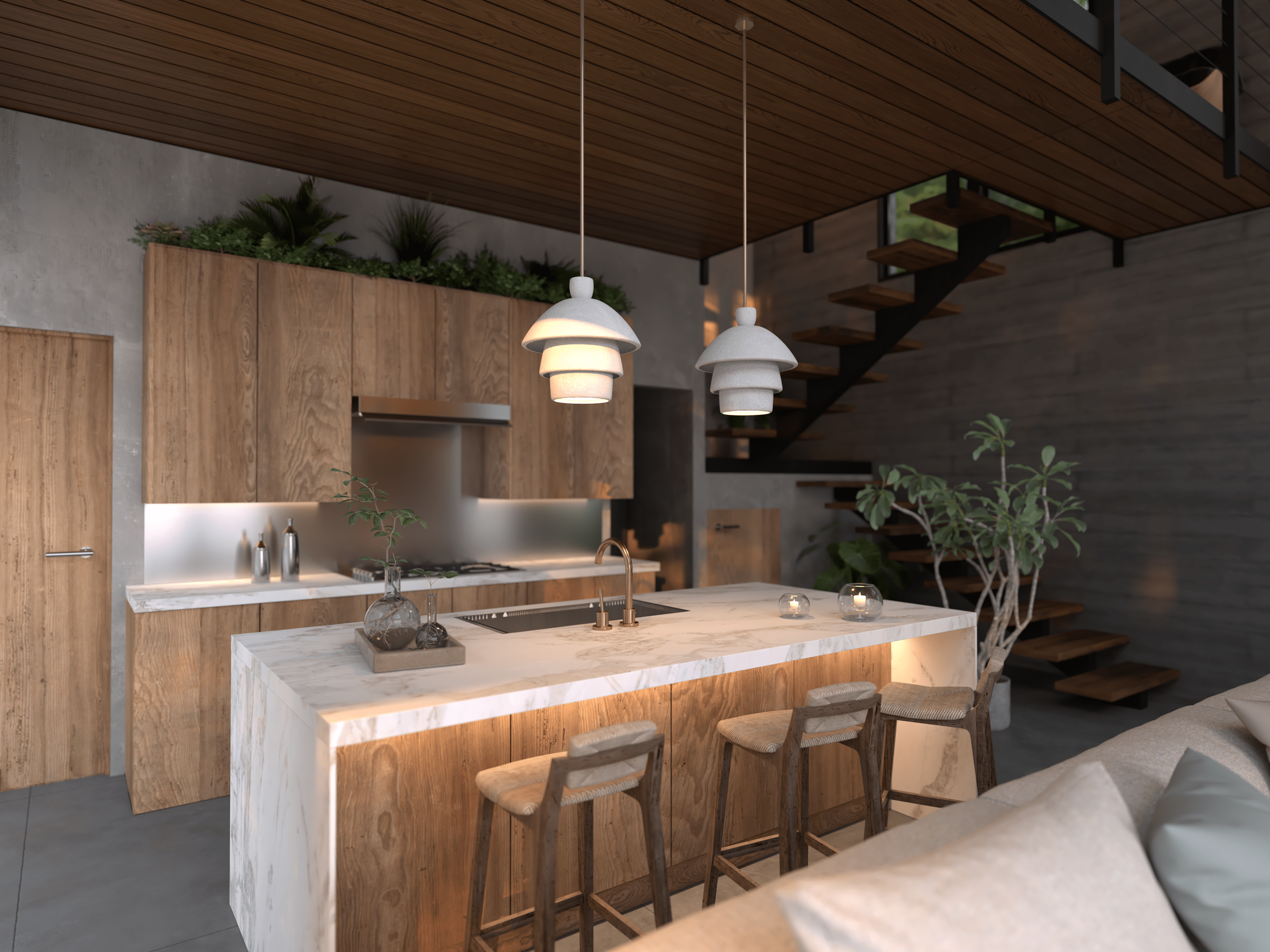 Modern kitchen with wooden cabinets, a white marble island with a sink and bar stools, pendant lights, potted plants, and a staircase with wooden steps and black railing.