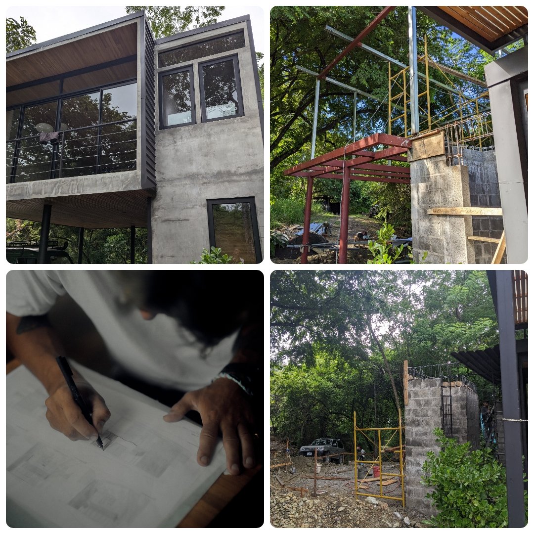 A collage of four images showing different stages of building a modern house. The top left image features a completed modern house with large glass windows, concrete walls, and a balcony with glass railing. The top right image shows the ongoing construction with metal scaffolding and a partially built wall with concrete blocks. The bottom left image depicts a person sketching or planning the house design on paper. The bottom right image displays more framing work with additional scaffolding, construction materials, and a wooded area in the background.