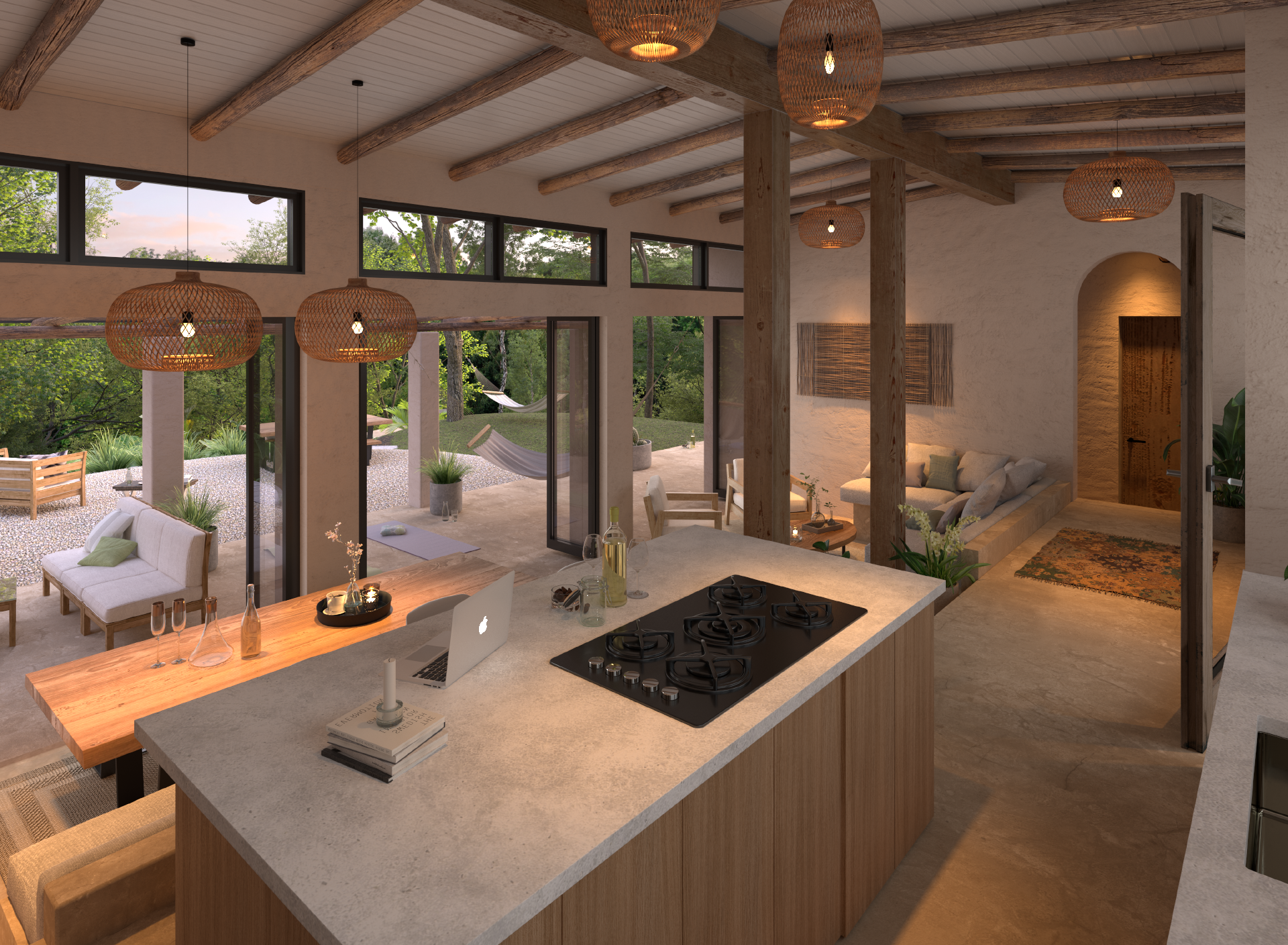 Open-concept living area with large windows, wooden beams on the ceiling, and hanging wicker light fixtures. Visible outdoor patio with lounge chairs and hammock, and a kitchen island with a built-in stove.