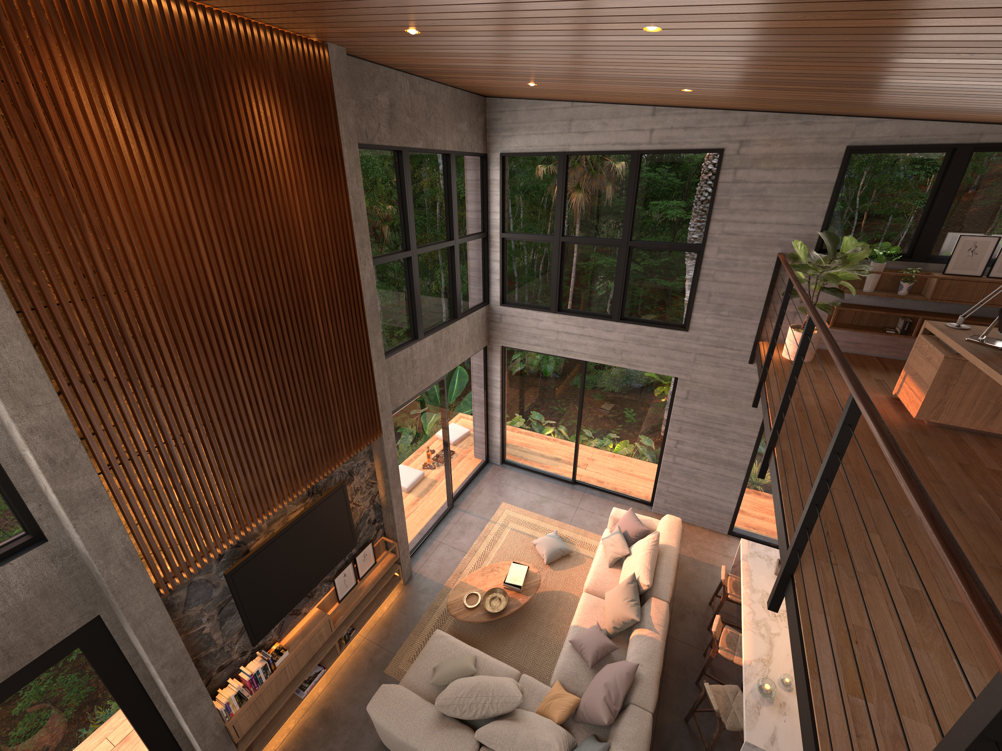 Modern living room with high ceilings, large windows showing a forest outside, a beige sectional sofa with pillows, a round coffee table, a TV with a wooden entertainment unit, and a wooden balcony with outdoor seating.