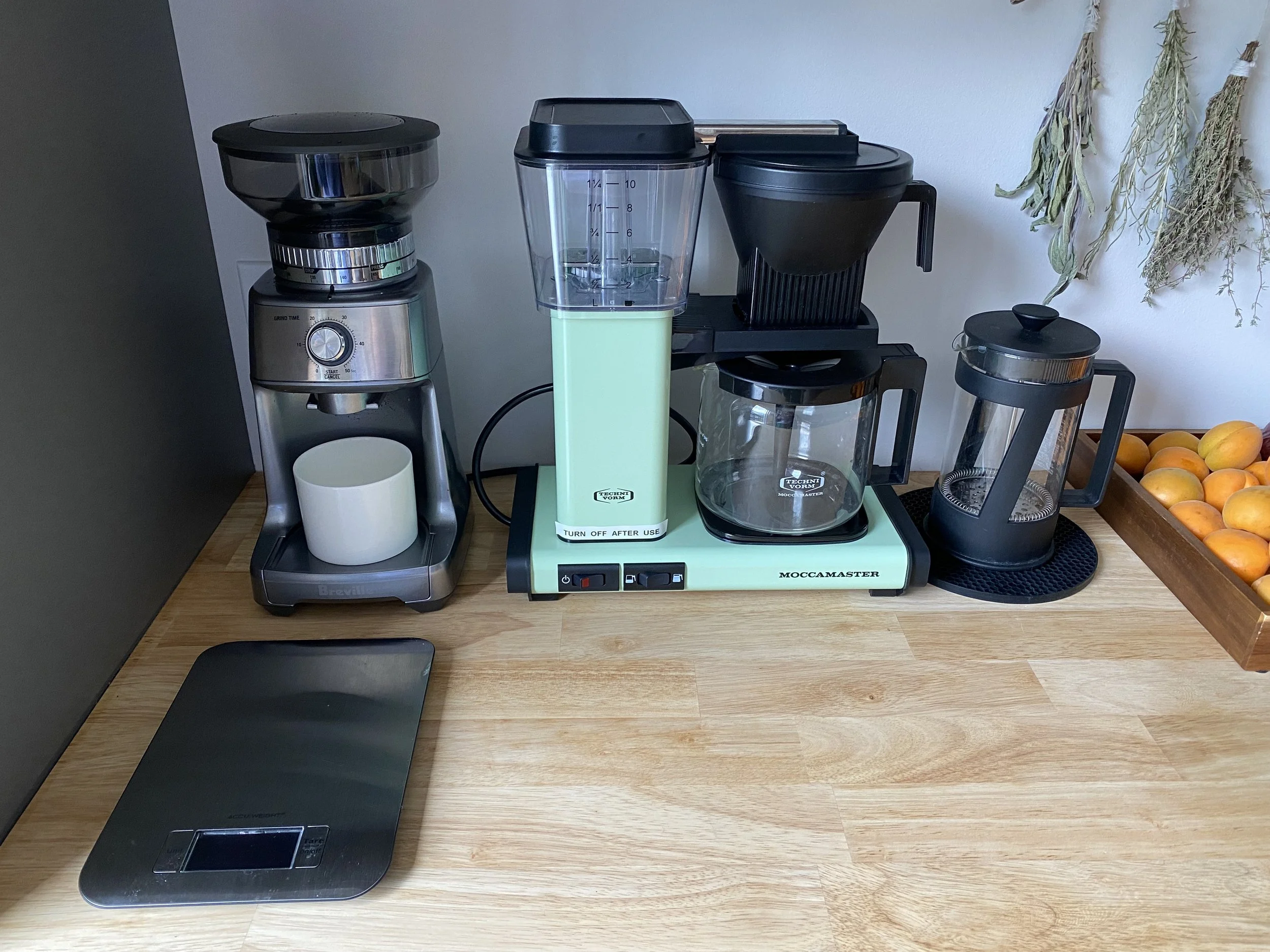 Coffee grinder, scale, french press & techni-vorm percolater drip coffee machine. 
