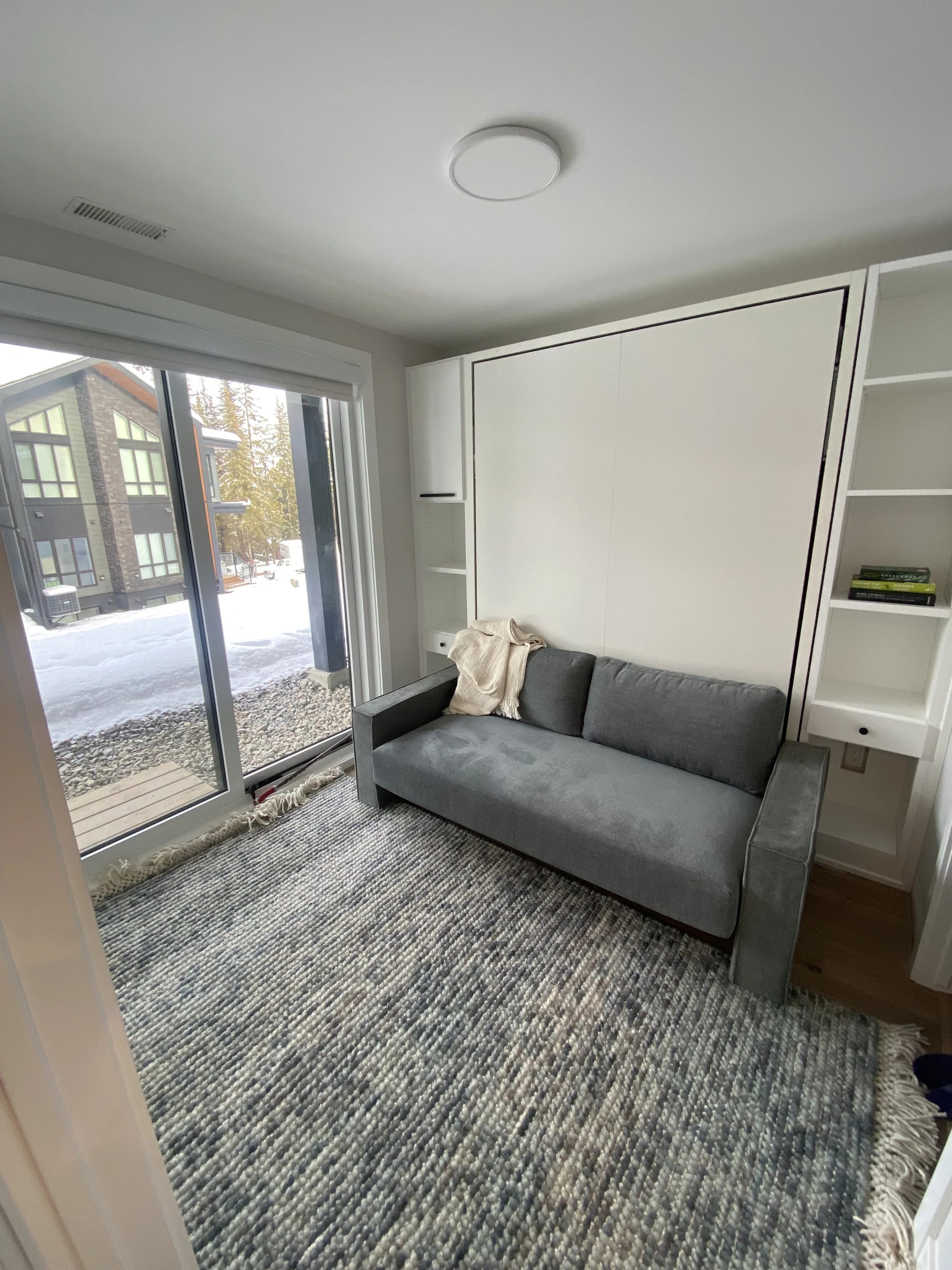 Basement Murphy bed folds up from a couch. Built-in surround storage. 