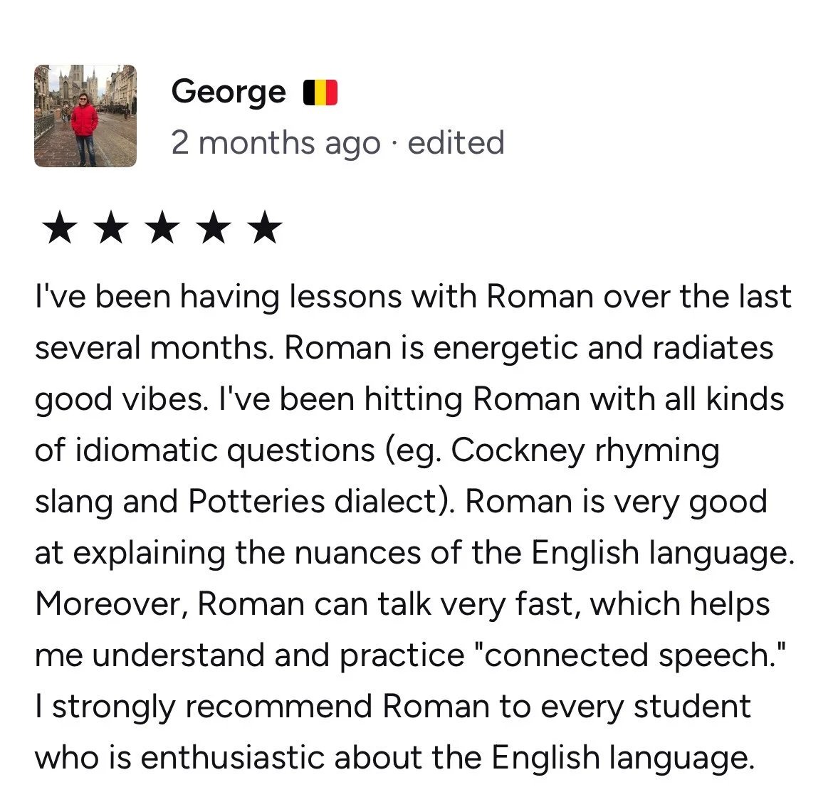 Review of Roman language lessons, praising its energetic, idiomatic, and fast-speaking nature, with recommendations for students of English.