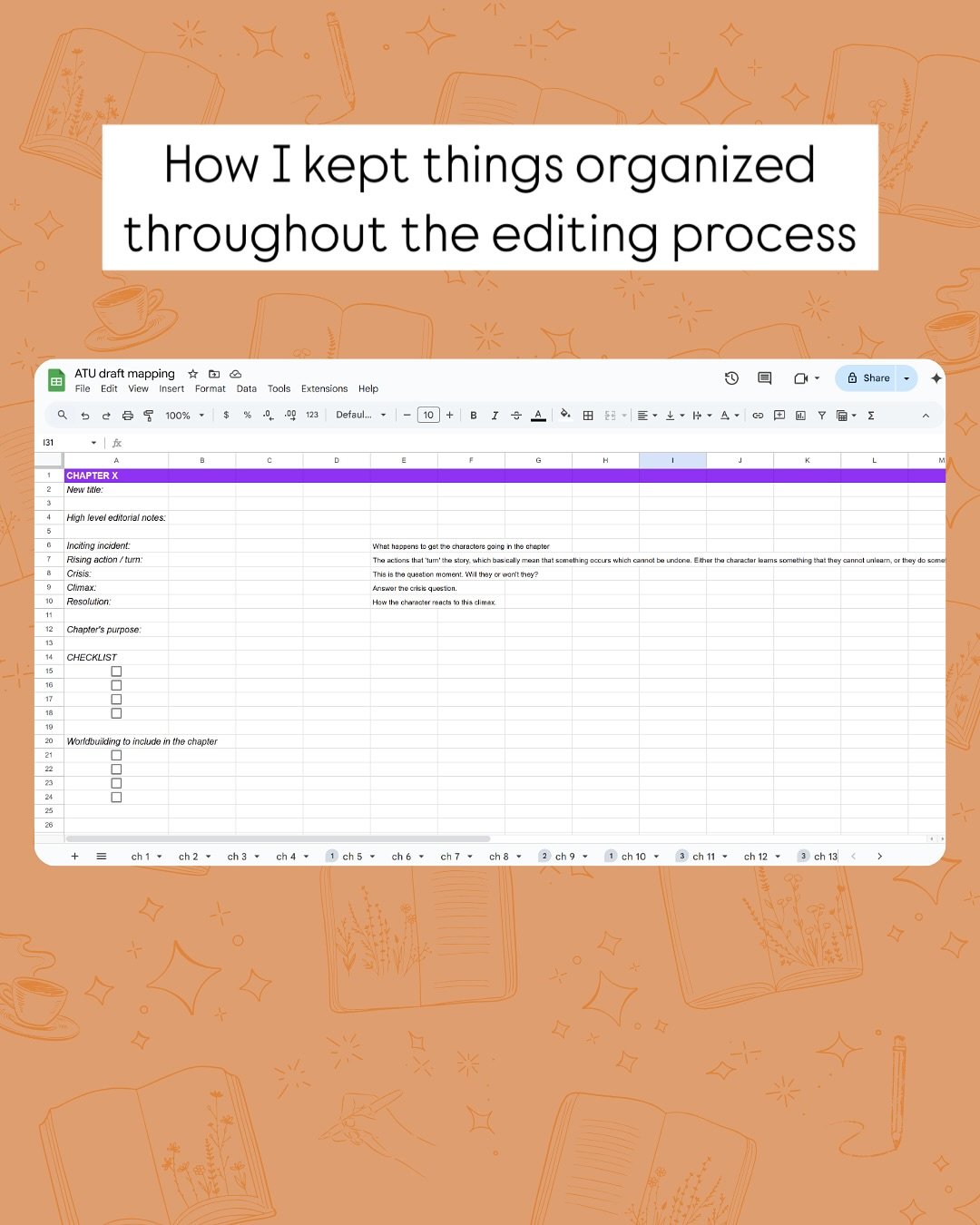While editing my debut novel, I realized I needed a more organized, repeatable way to track chapter edits. Even in as simple a story as A Touch Unexpected, there were bits of politics, magic, and past events that needed to be placed in a coherent ord