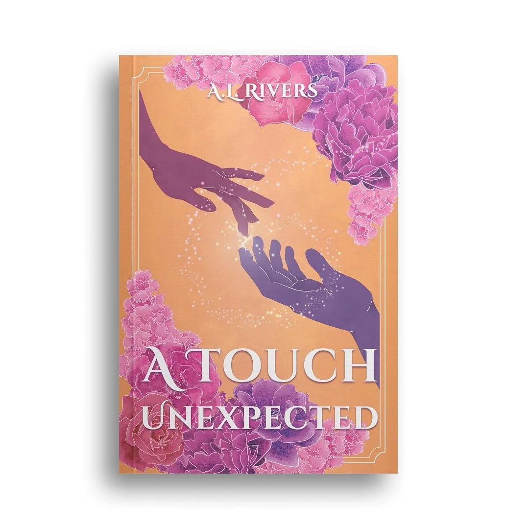A paperback mockup of A Touch Unexpected. The cover features a man and woman's drawn hands almost touching, a spark between them. Flowers border the top and bottom and there is white text overlay of the title and author.