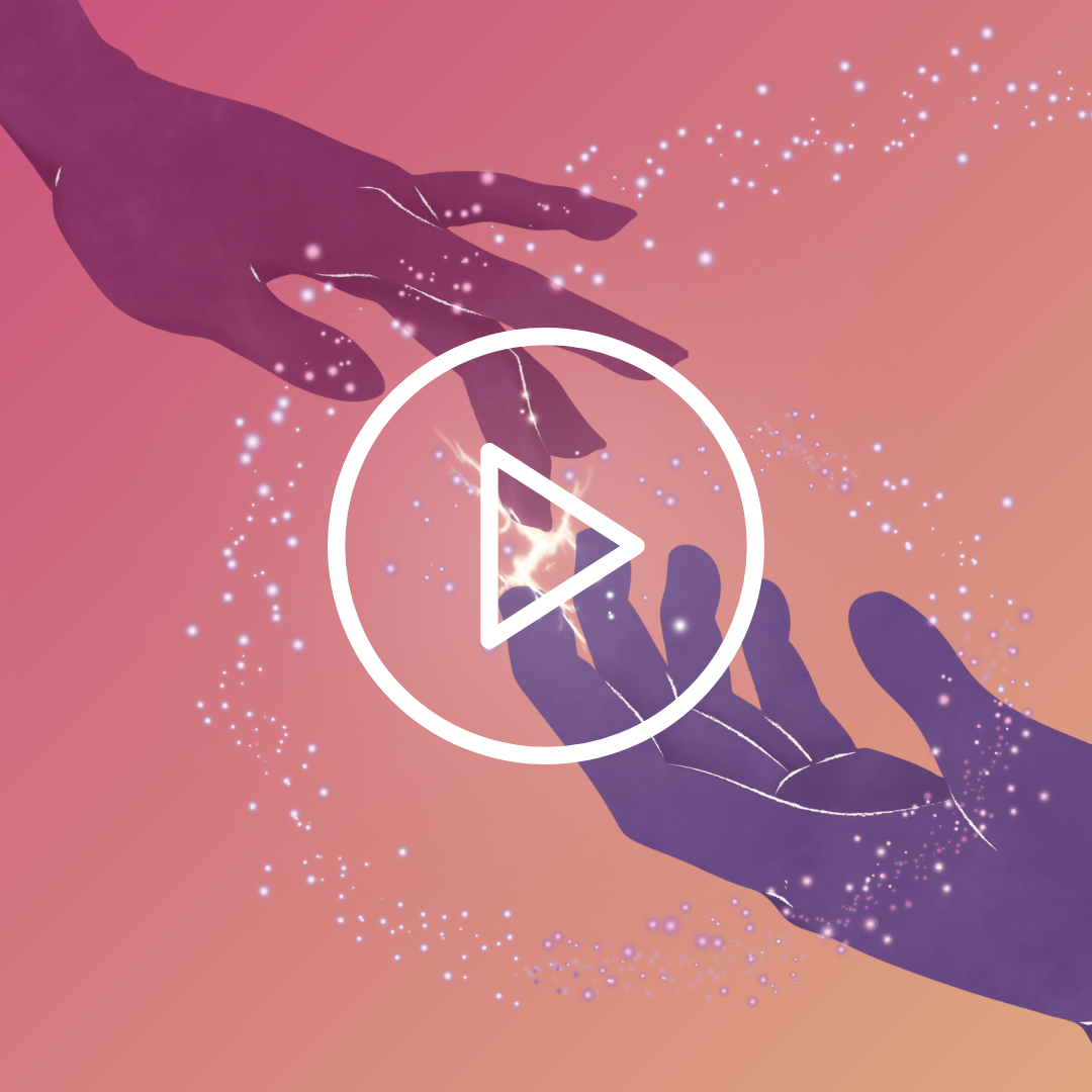 A man and woman's hand almost touching with a spark between them from the cover of A Touch Unexpected. There is a white play button overlay.