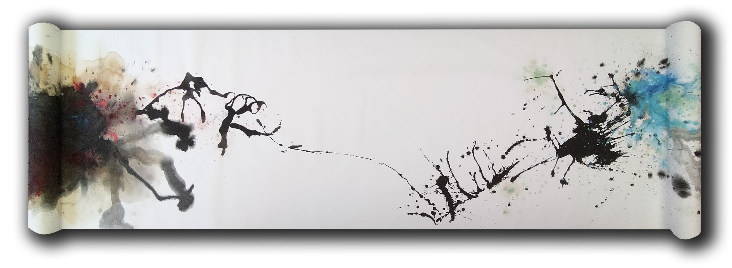 Abstract ink splatter art with black, red, and blue colors on white background.